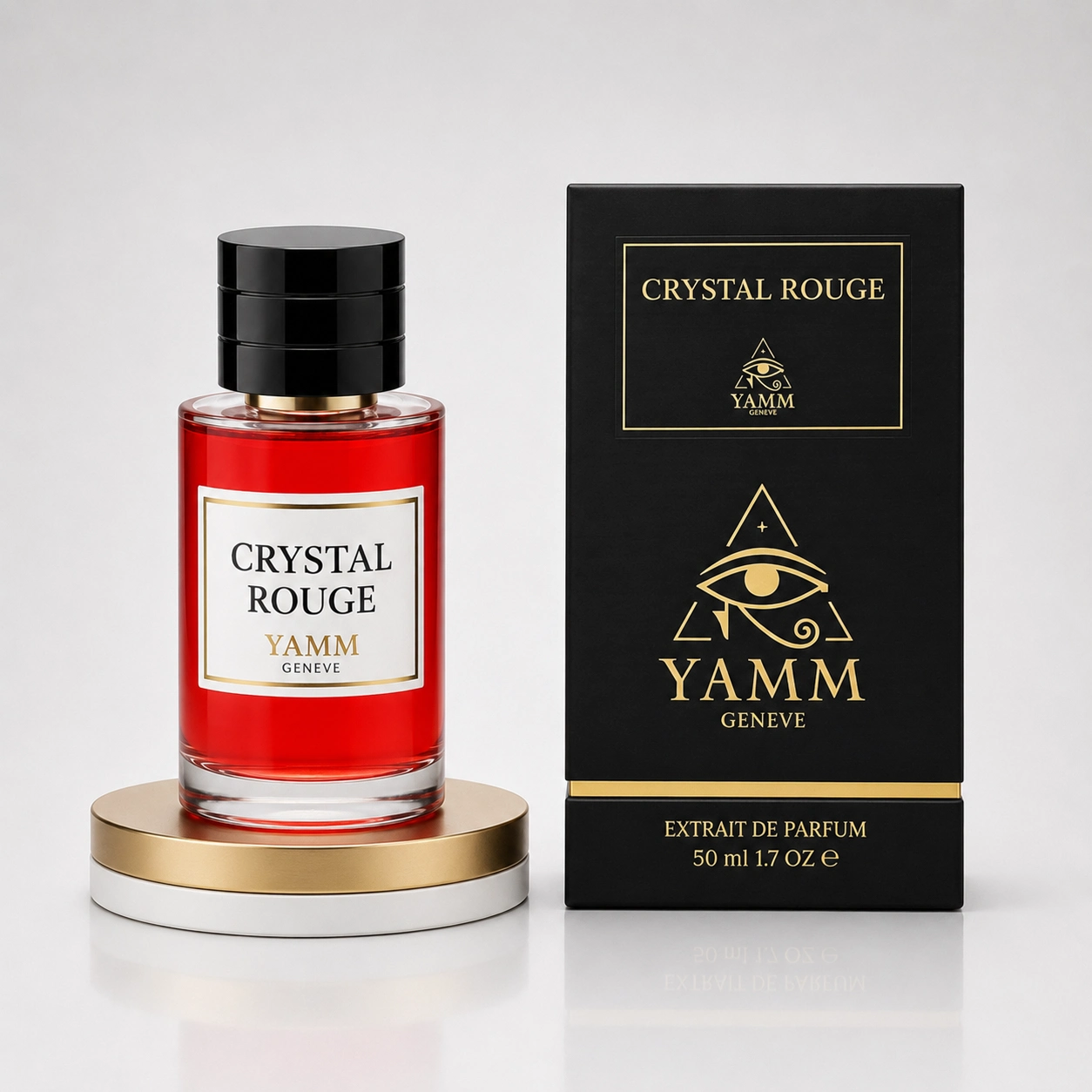 Crystal Rouge extrait de parfum mixte YAMM Genève inspiré de Baccarat Rouge 540 aux notes de tête Amande amère, Safran, cœur Jasmin d’Égypte, Cèdre de Virginie et fond Ambre gris, Musc, Bois de cachemire, Ambroxan visuel 03