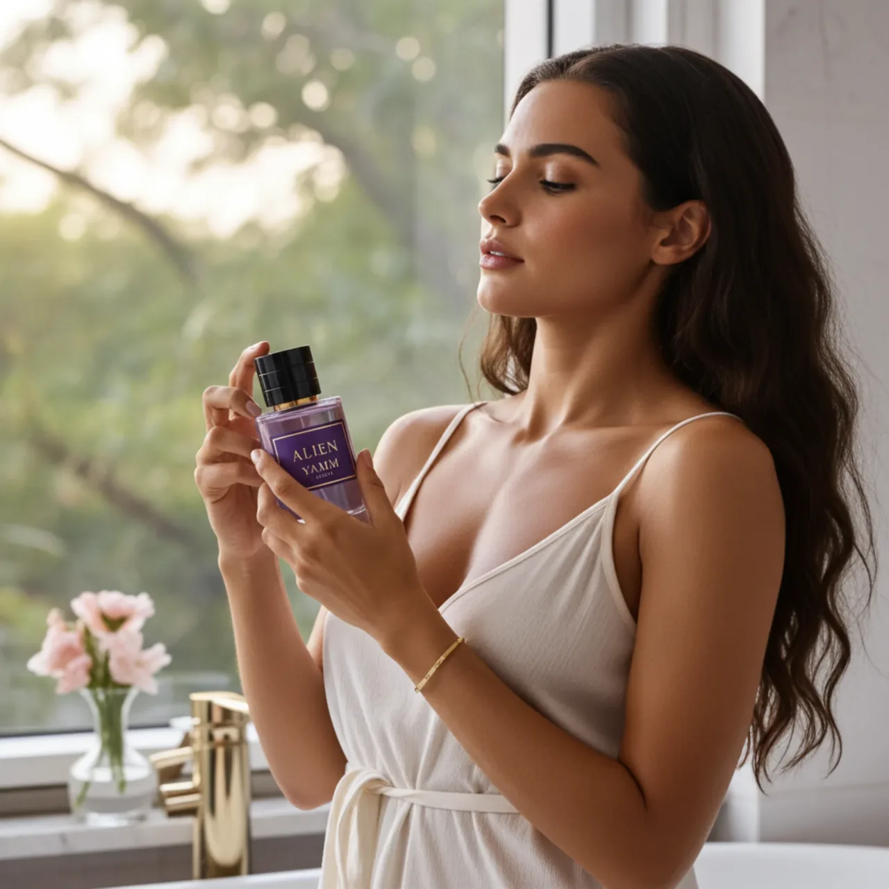 Visuel parfum Alien Maison YAMM aux reflets violets et dorés.