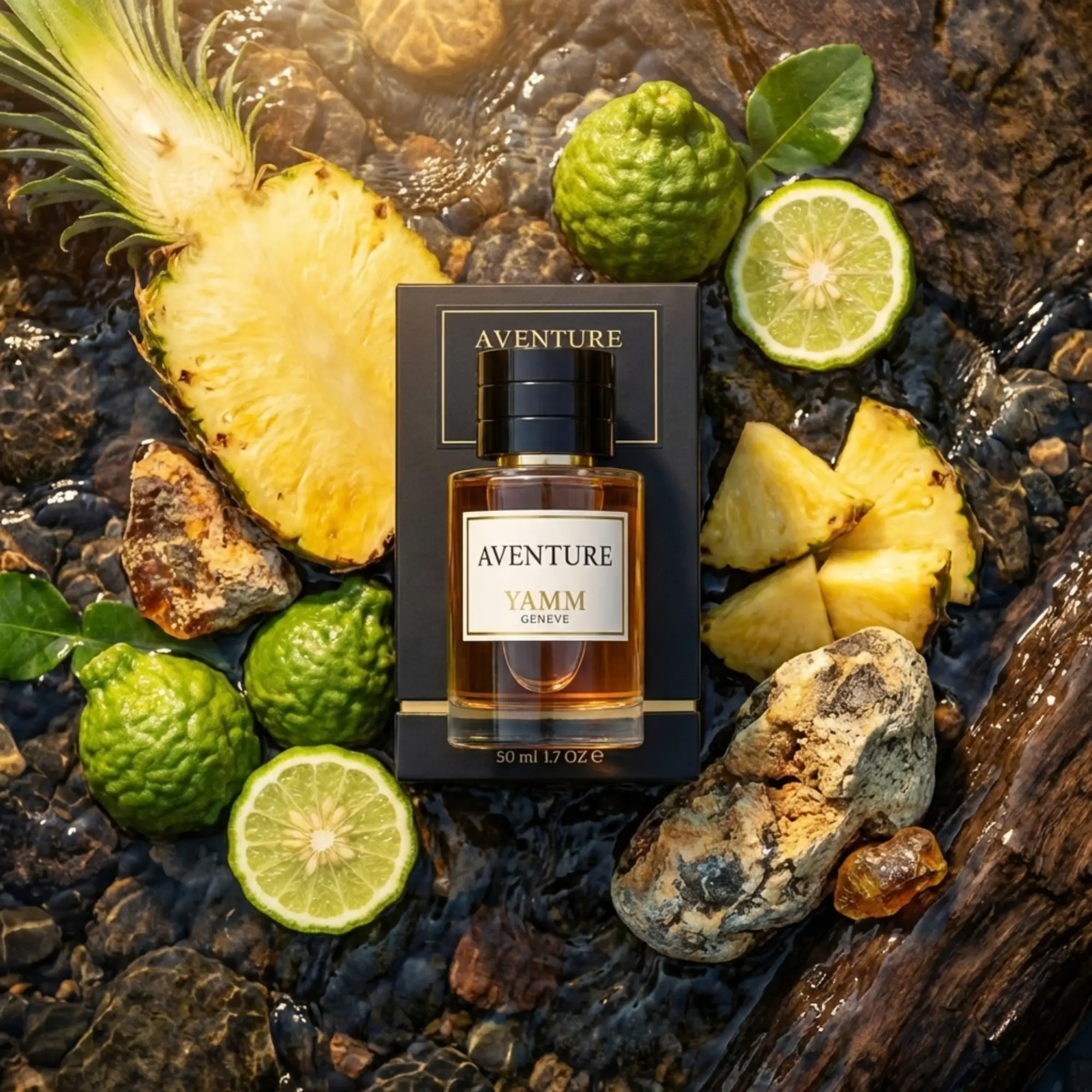 Aventure extrait de parfum homme YAMM Genève inspiré de Aventus aux notes de tête Ananas, Bergamote, Pomme, cœur Jasmin, Bouleau et fond Ambre gris, Musc visuel 07