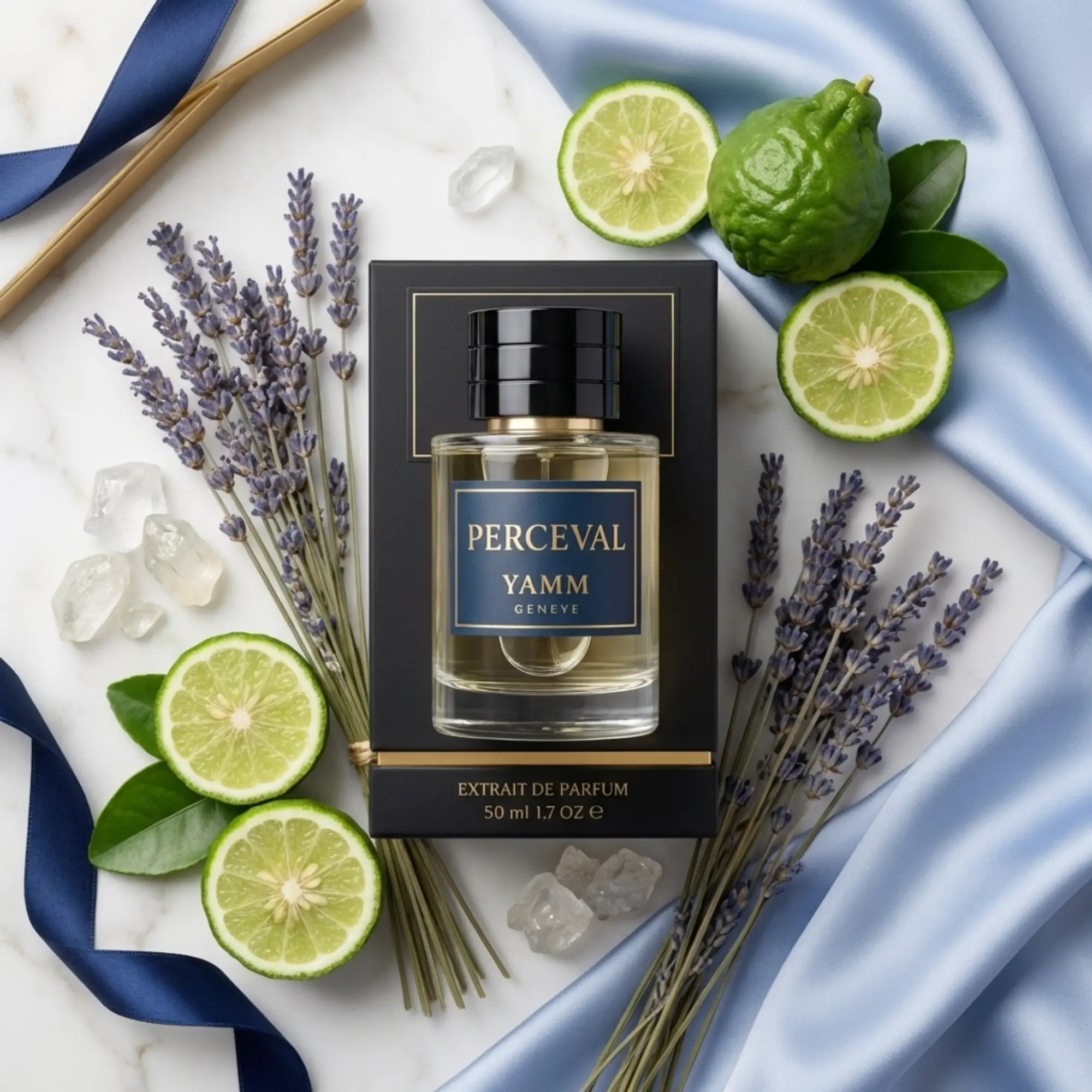 Perceval extrait de parfum homme YAMM Genève inspiré de Percival aux notes de tête Lavande, Mandarine, Bergamote, Géranium, cœur Hedione, Jasmin, Violette, Coriandre, Cannelle et fond Musc, Ambroxan, Amberwood, Clearwood, Sapin baumier visuel 08