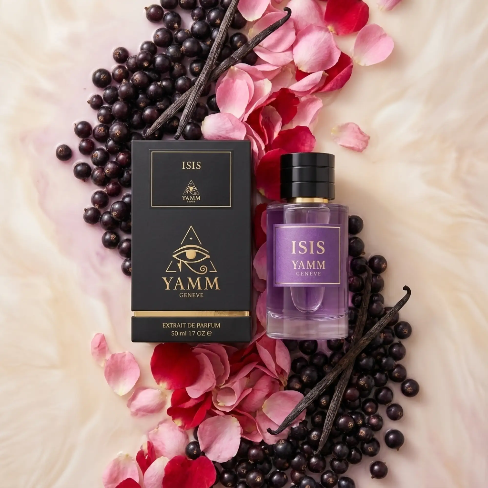 Isis extrait de parfum femme YAMM Genève inspiré de Si aux notes de tête Bourgeon de cassis, cœur Rose de Mai, Freesia et fond Vanille, Patchouli, Notes boisées, Ambroxan visuel 07