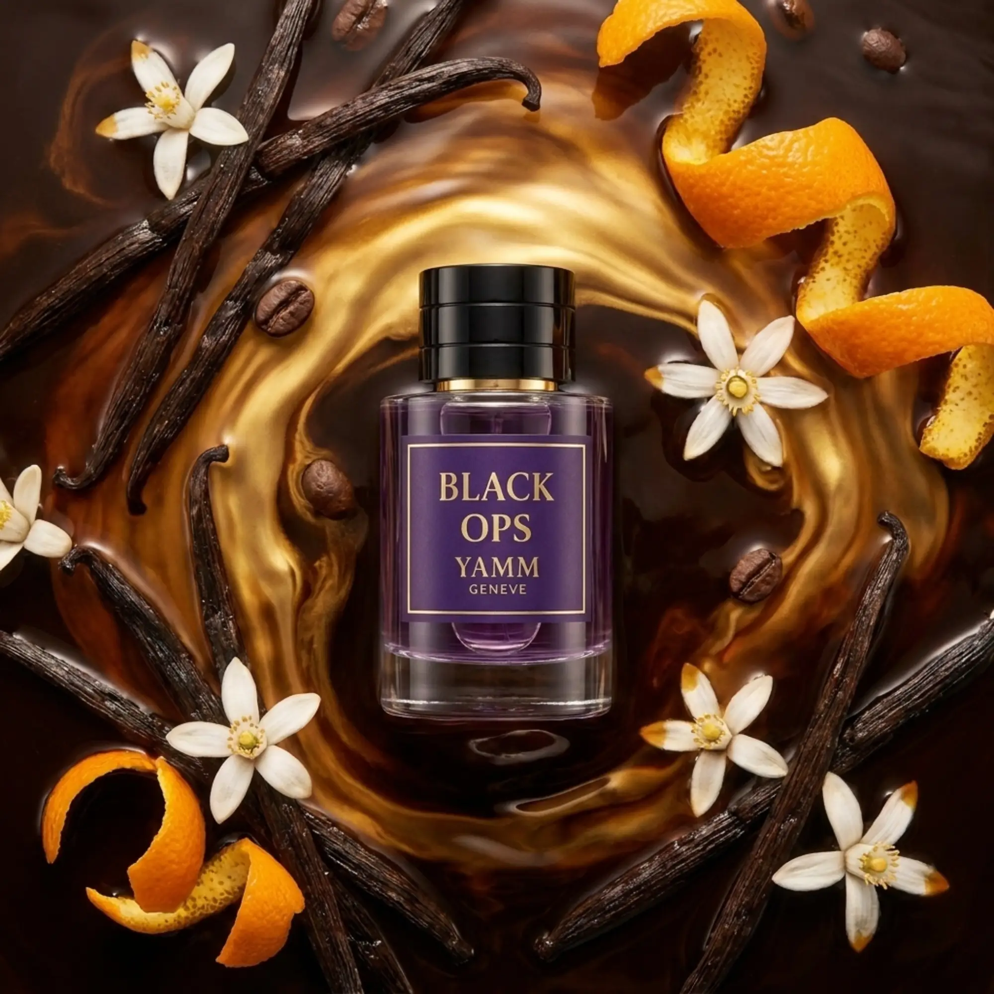 Black Ops extrait de parfum femme YAMM Genève inspiré de Black Opium aux notes de tête Poire, Poivre rose, Fleur d’oranger, cœur Café, Jasmin, Amande amère, Réglisse et fond Vanille, Patchouli, Bois de cachemire, Cèdre visuel 06