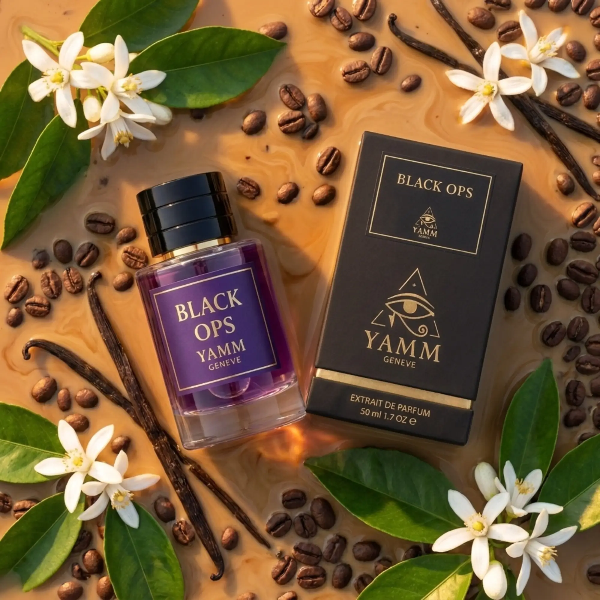 Black Ops extrait de parfum femme YAMM Genève inspiré de Black Opium aux notes de tête Poire, Poivre rose, Fleur d’oranger, cœur Café, Jasmin, Amande amère, Réglisse et fond Vanille, Patchouli, Bois de cachemire, Cèdre visuel 07