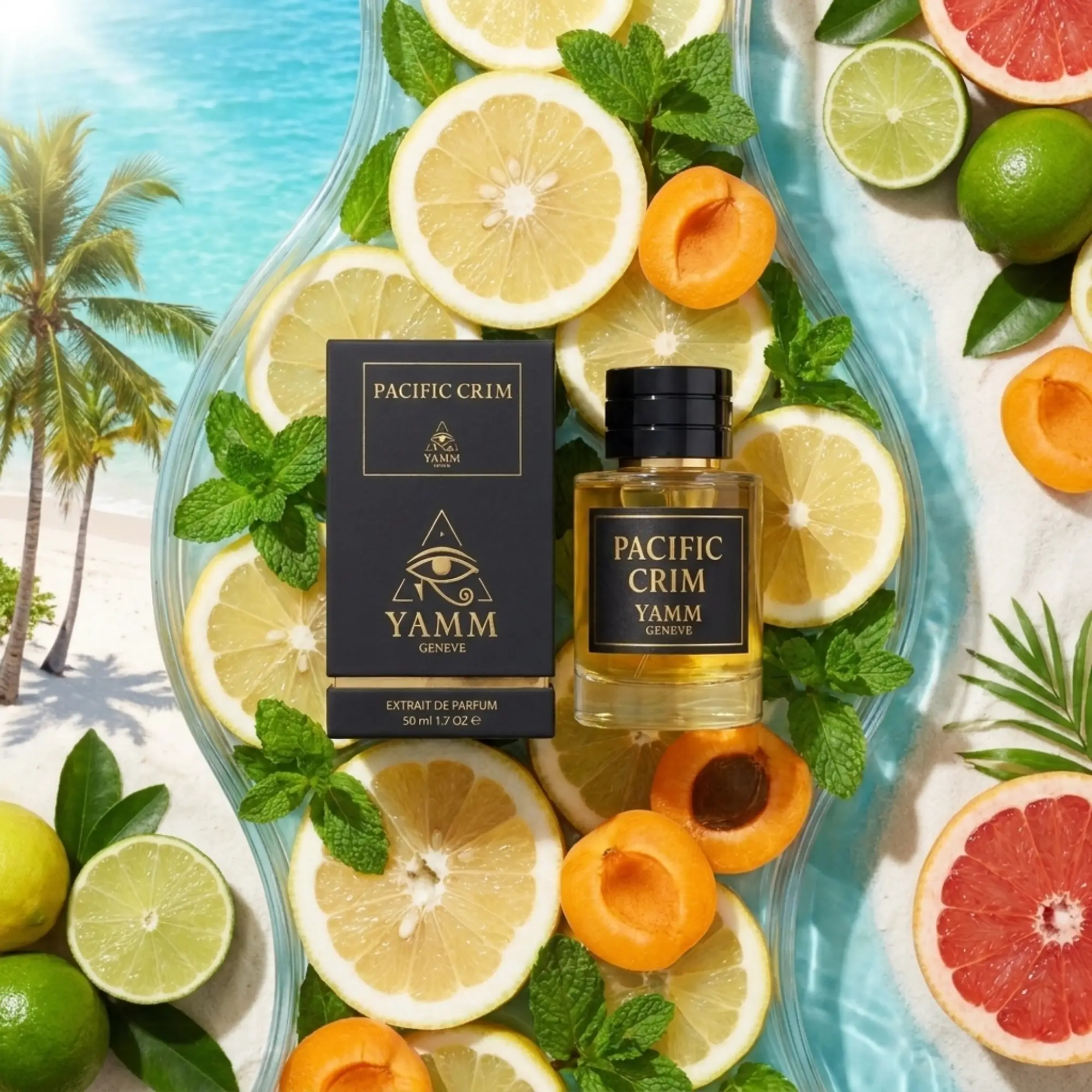 Pacific Crim extrait de parfum mixte YAMM Genève inspiré de Pacific Chill aux notes de tête Cédrat, Orange, Menthe, Citron, Cassis, Coriandre, cœur Abricot, Basilic, Graines de carotte, Rose de Mai et fond Figue, Dattes, Ambrette visuel 08