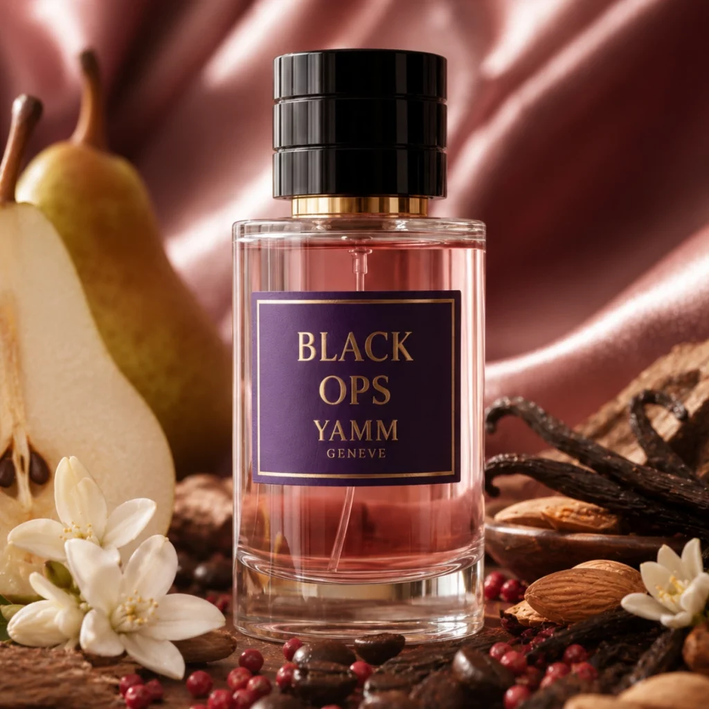 Black Ops extrait de parfum femme YAMM Genève inspiré de Black Opium aux notes de tête Poire, Poivre rose, Fleur d’oranger, cœur Café, Jasmin, Amande amère, Réglisse et fond Vanille, Patchouli, Bois de cachemire, Cèdre visuel 01