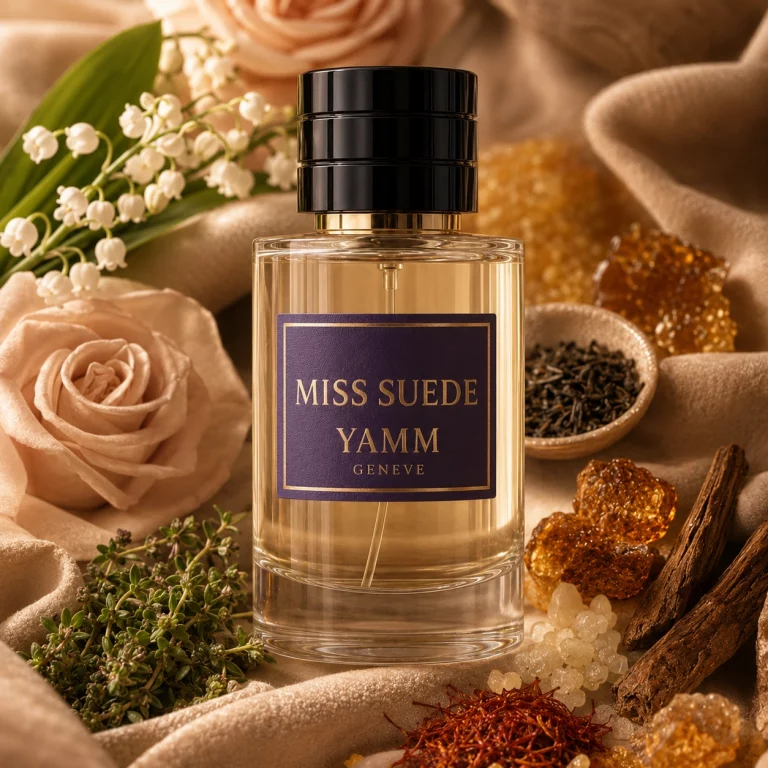 Miss Suede extrait de parfum femme YAMM Genève inspiré de White Suede aux notes de tête Thym, Thé, cœur Muguet, Safran, Rose et fond Daim, Musc, Bois de santal, Résine oliban, Ambre visuel 01