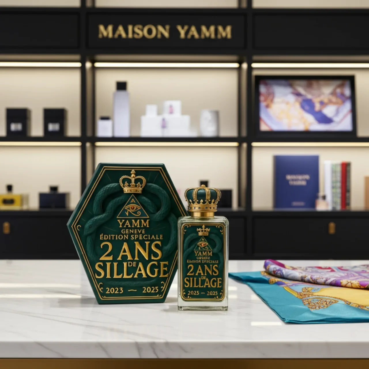 Visuel artistique de flacons Maison YAMM sur fond sombre doré.