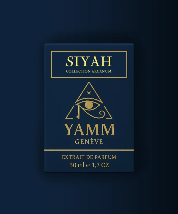 Parfum Siyah de la Collection Arcanum par YAMM Genève, inspiration Noir Extrême Tom Ford, en coffret bleu nuit raffiné avec détails dorés luxueux.