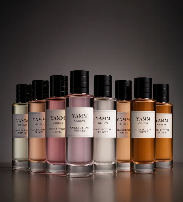 Bannière verticale YAMM Genève Collection Privée : 10 flacons alignés, étiquettes noires et lettrage doré sur fond dégradé, esthétique luxueuse.