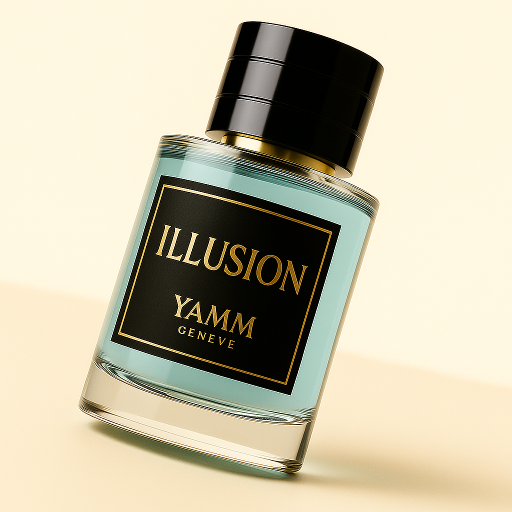 Parfum Illusion de YAMM Genève vu en angle trois-quarts, inspiration Imagination Louis Vuitton, au design raffiné.