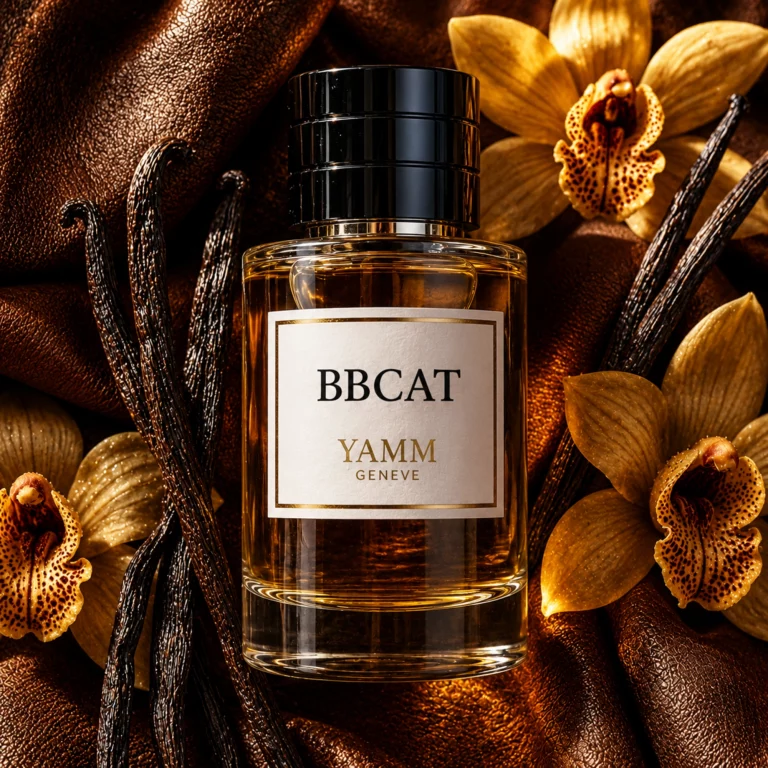 Flacon BBcat — illustration de la famille olfactive Cuirée · Maison YAMM Genève