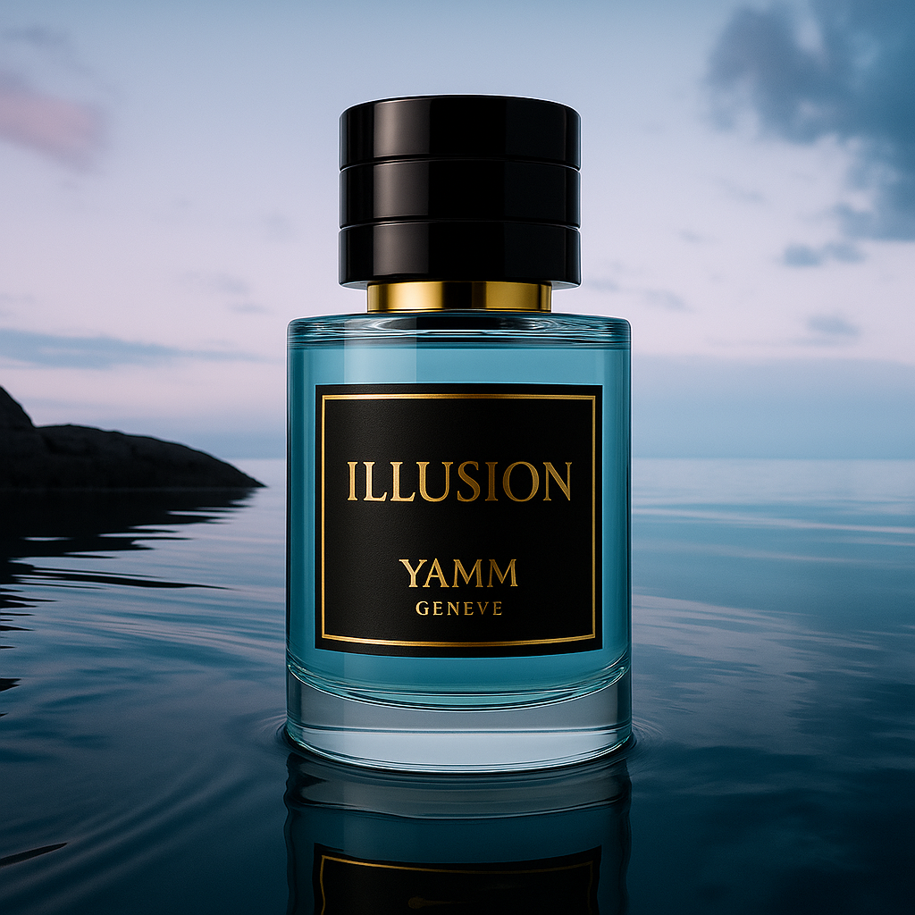 Mockup Illusion de YAMM Genève, inspiration Imagination Louis Vuitton, parfum hespéridé aromatique pour homme.