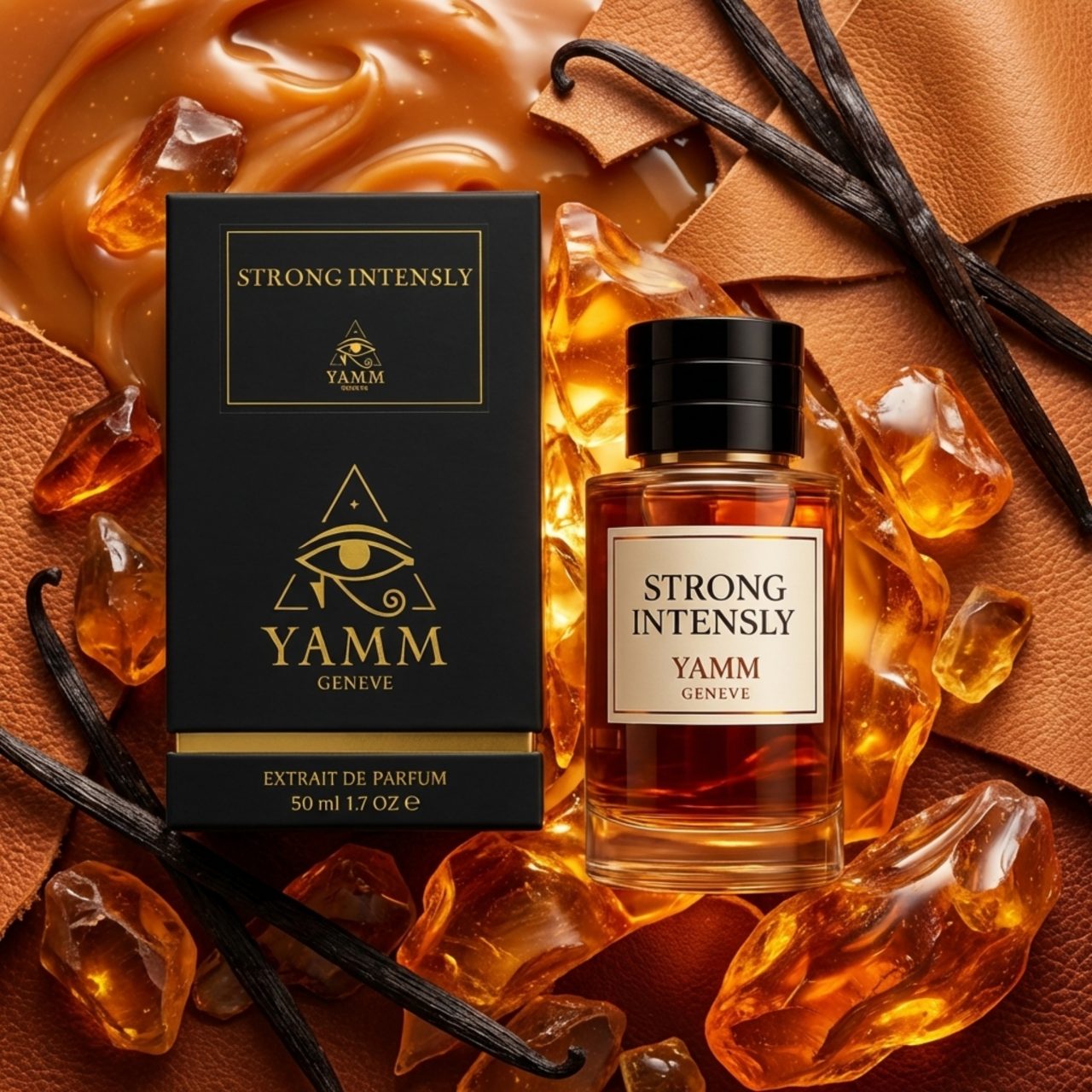 Strong Intensly extrait de parfum homme YAMM Genève inspiré de Stronger With You Intensely aux notes de tête Poivre rose, Genévrier, Violette, cœur Toffee, Cannelle, Lavande, Sauge et fond Vanille, Ambre, Fève de tonka, Daim visuel 05