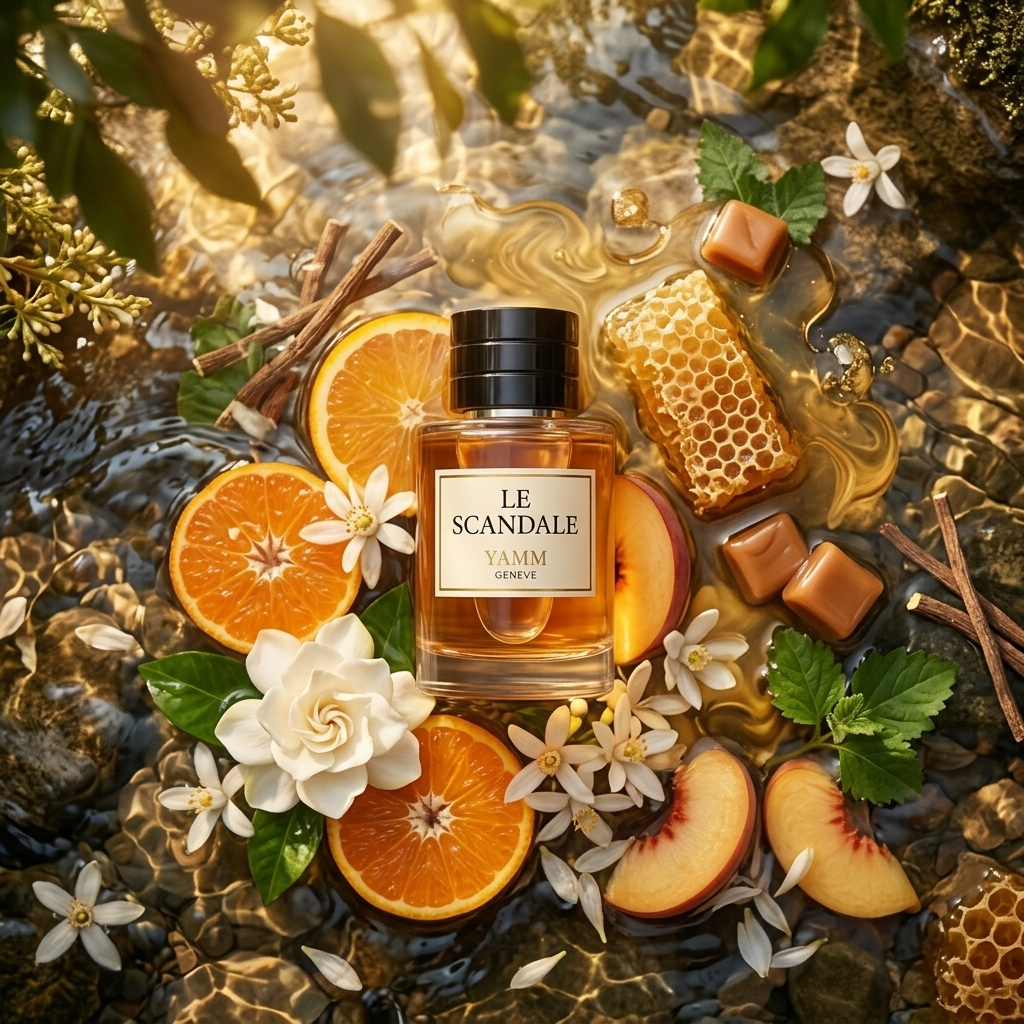 Le Scandale extrait de parfum femme YAMM Genève inspiré de Scandal aux notes de tête Orange sanguine, Mandarine, cœur Miel, Gardénia, Fleur d’oranger, Jasmin, Pêche et fond Cire d’abeille, Caramel, Patchouli, Réglisse visuel 07