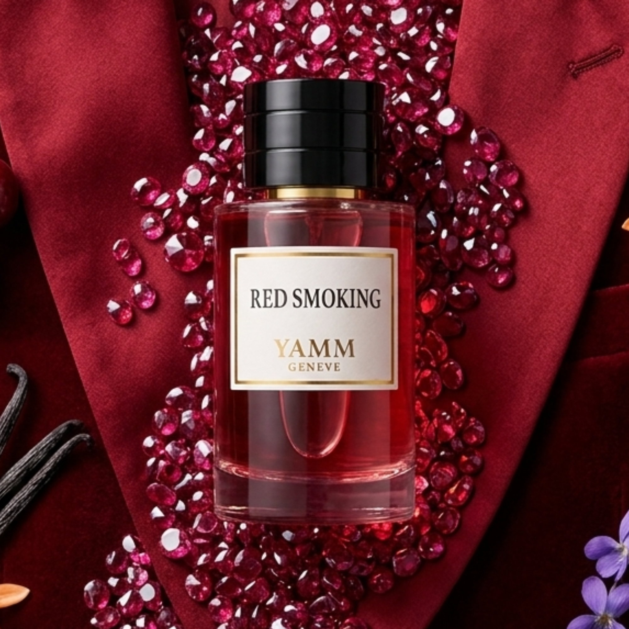 Red Smoking extrait de parfum mixte YAMM Genève inspiré de Rouge Smoking aux notes de tête Cerise, Poivre rose, Bergamote, cœur Gousse de vanille noire, Héliotrope, Fleur d’oranger et fond Fève de tonka, Bois de cachemire, Musc blanc, Ambroxan, Violette, Ciste visuel 01