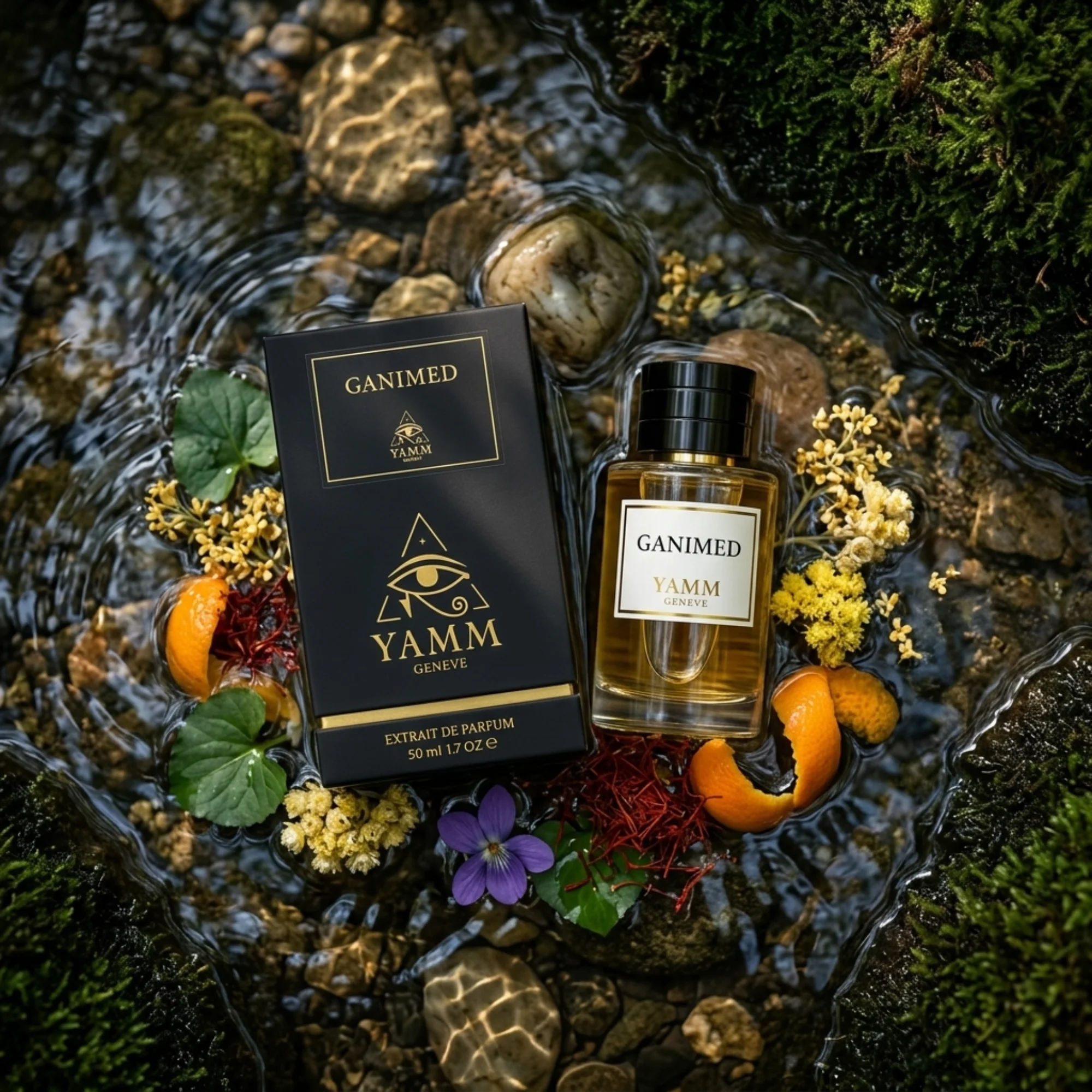 Ganimed extrait de parfum mixte YAMM Genève inspiré de Ganymede aux notes de tête Safran, Mandarine d’Italie, cœur Osmanthus de Chine, Feuille de violette, Immortelle et fond Notes minérales, Daim, Bois d’Akigala, Musc, Cèdre, Patchouli visuel 08