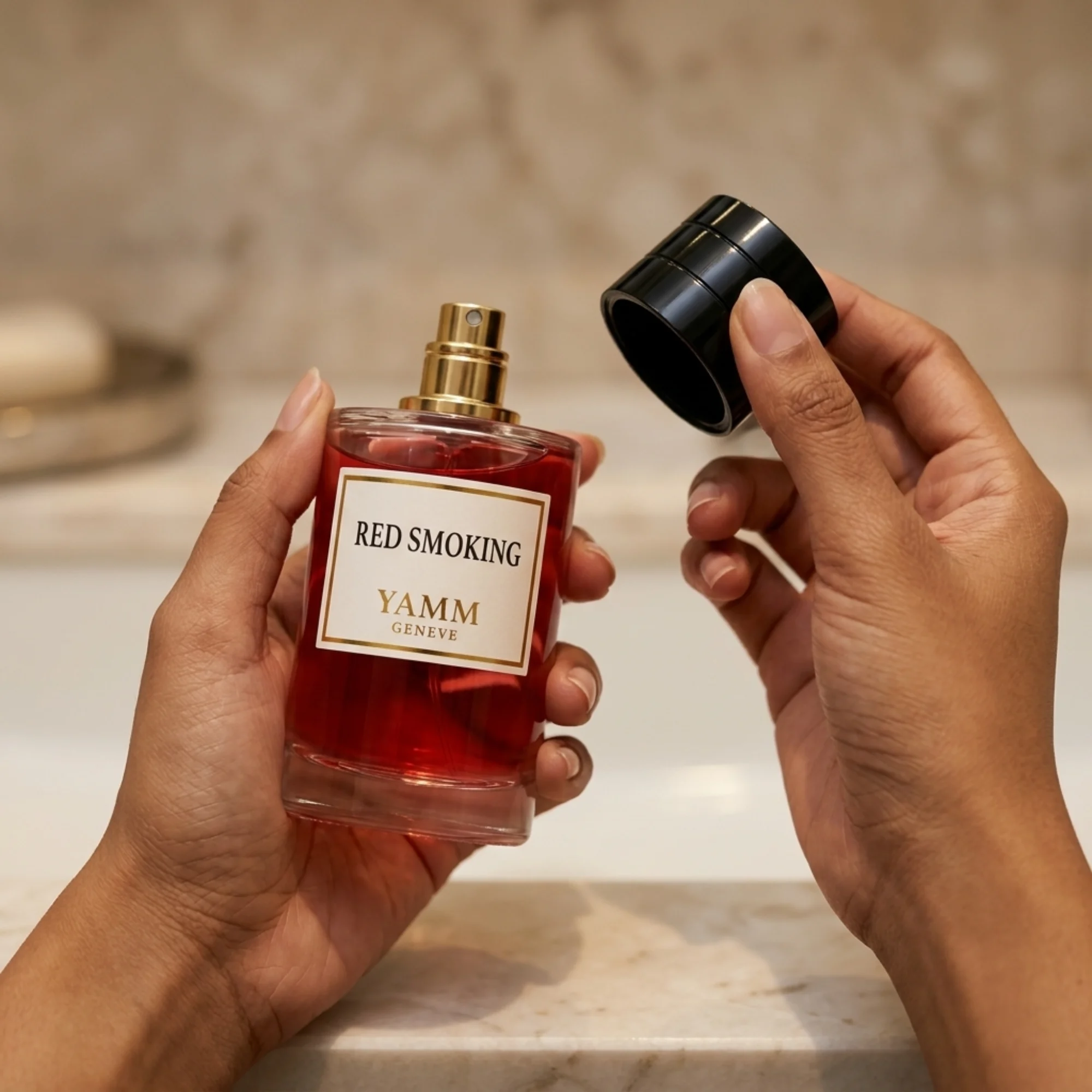 Red Smoking extrait de parfum mixte YAMM Genève inspiré de Rouge Smoking aux notes de tête Cerise, Poivre rose, Bergamote, cœur Gousse de vanille noire, Héliotrope, Fleur d’oranger et fond Fève de tonka, Bois de cachemire, Musc blanc, Ambroxan, Violette, Ciste visuel 05