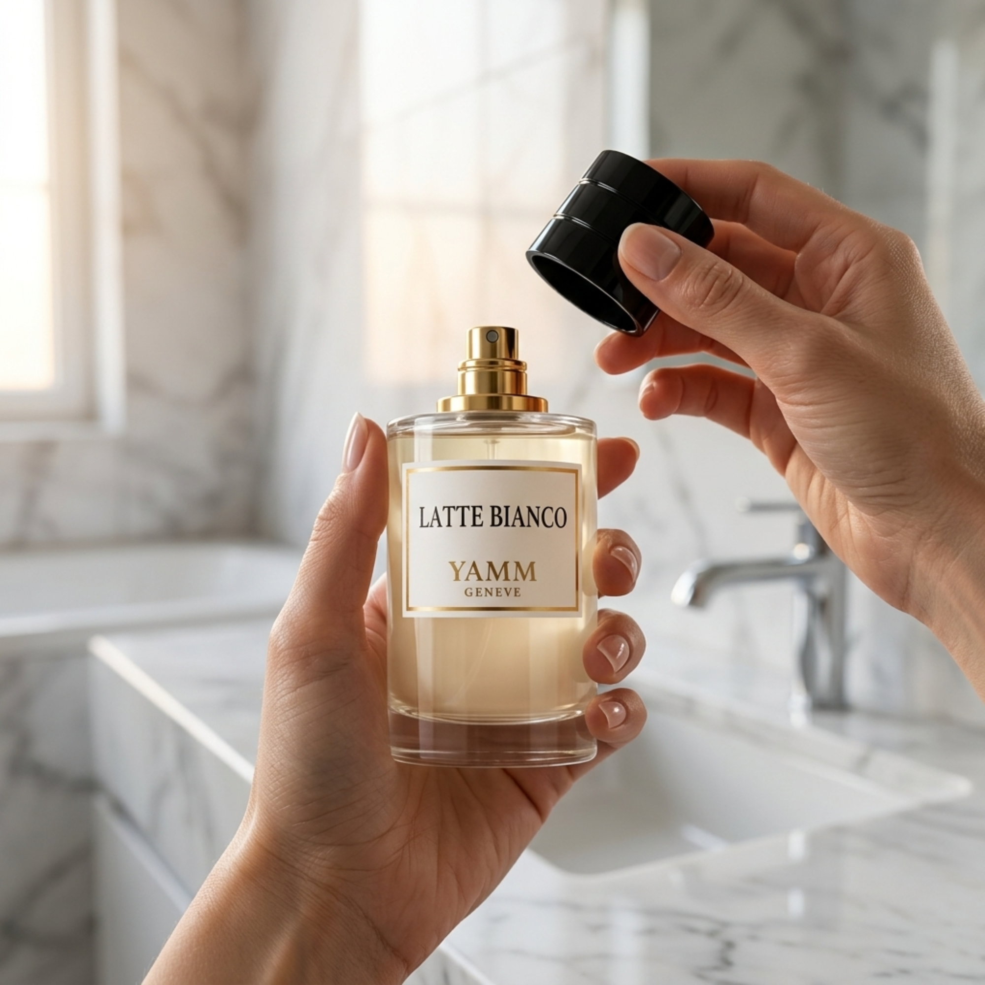 Latte Bianco extrait de parfum mixte YAMM Genève inspiré de Bianco di Latte aux notes de tête Caramel, cœur Coumarine, Miel et fond Vanille, Musc blanc visuel 05