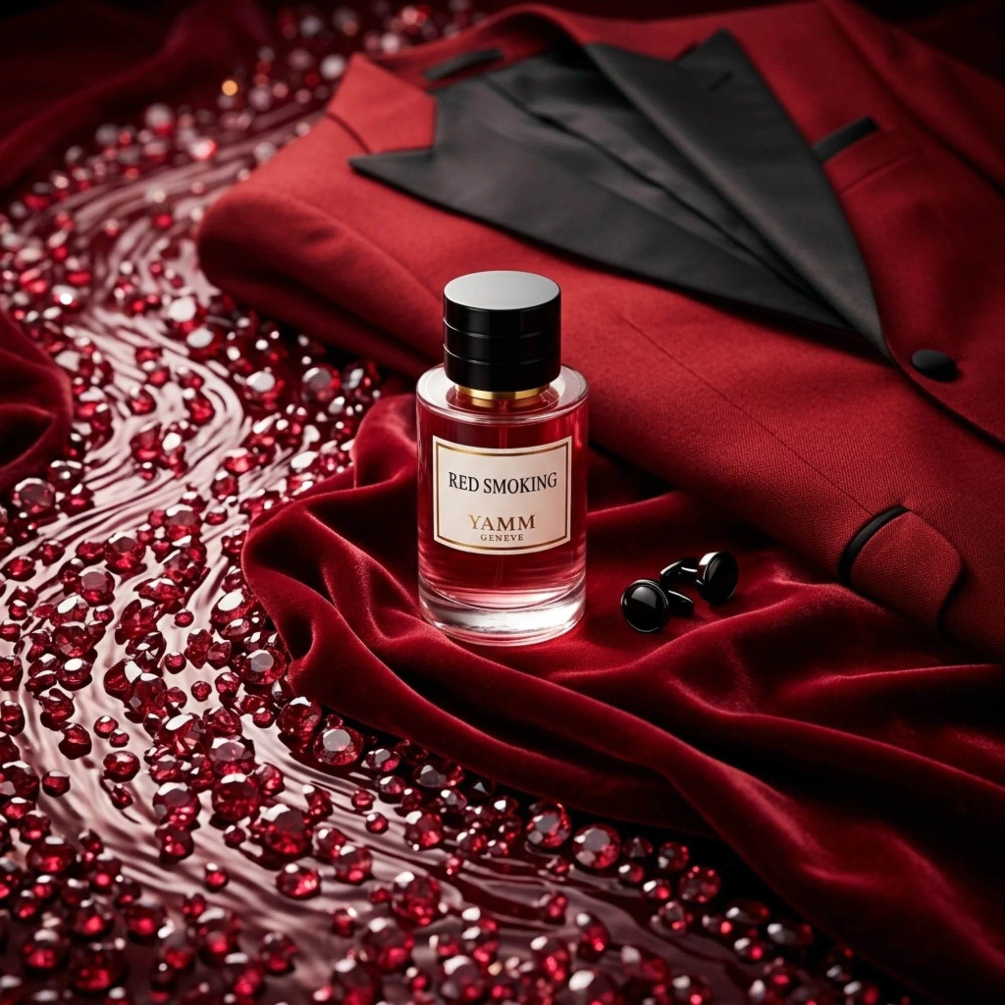 Red Smoking extrait de parfum mixte YAMM Genève inspiré de Rouge Smoking aux notes de tête Cerise, Poivre rose, Bergamote, cœur Gousse de vanille noire, Héliotrope, Fleur d’oranger et fond Fève de tonka, Bois de cachemire, Musc blanc, Ambroxan, Violette, Ciste visuel 07