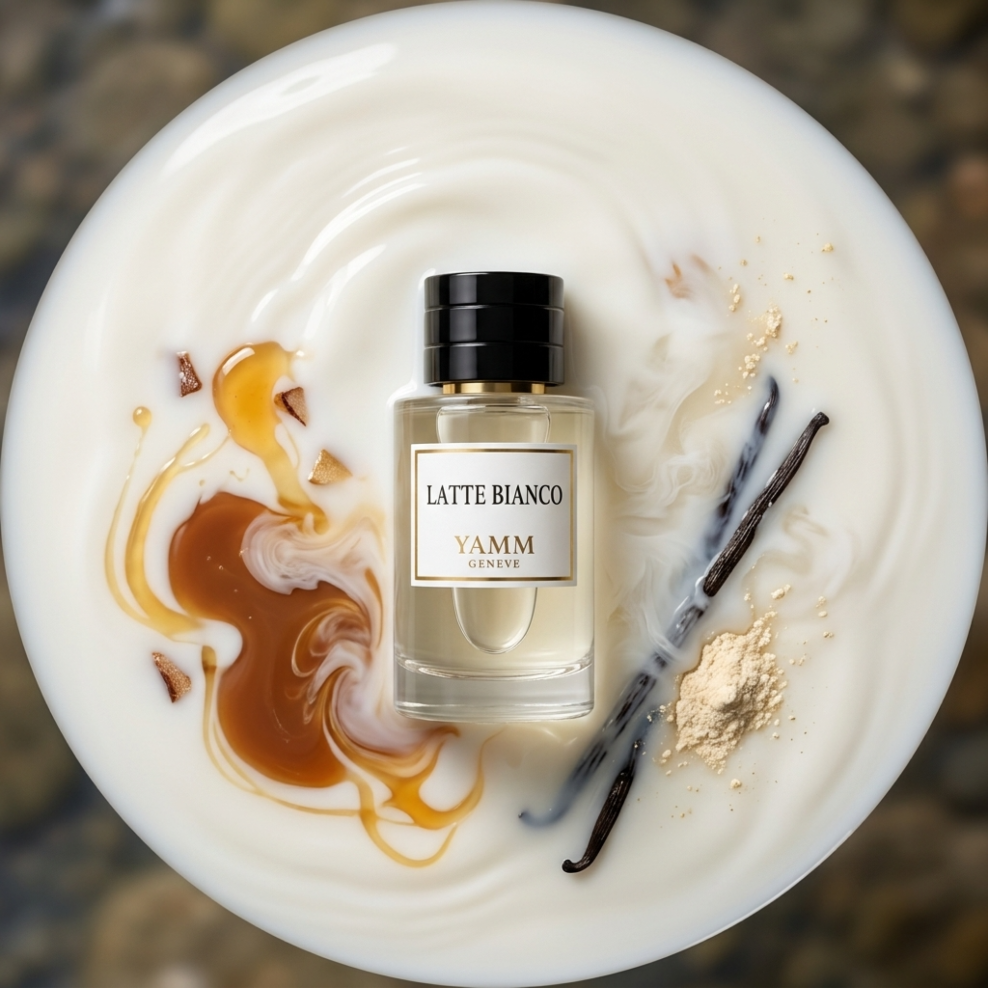 Latte Bianco extrait de parfum mixte YAMM Genève inspiré de Bianco di Latte aux notes de tête Caramel, cœur Coumarine, Miel et fond Vanille, Musc blanc visuel 08