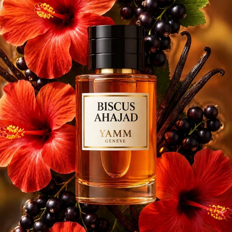 Biscus Ahajad extrait de parfum mixte YAMM Genève inspiré de HIbiscus Mahajad aux notes de tête Hibiscus, Bourgeon de cassis, Menthe épicée, cœur Rose de Damas, Cannelle, Ambrette et fond Vanille, Cuir visuel 01