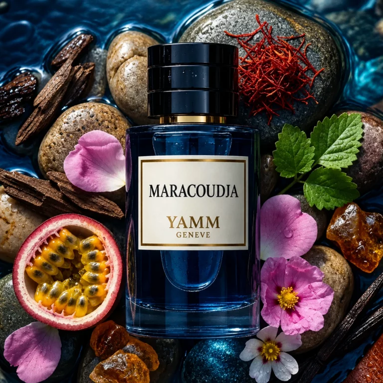 Maracoudja extrait de parfum mixte YAMM Genève inspiré de Oud Maracuja aux notes de tête Fruit de la passion, Notes fruitées, Rose de Turquie, Safran, cœur Oud, Benjoin, Feuille de patchouli d’Indonésie et fond Cuir, Bois d’Akigala, Ambre, Vanille, Ciste visuel 01