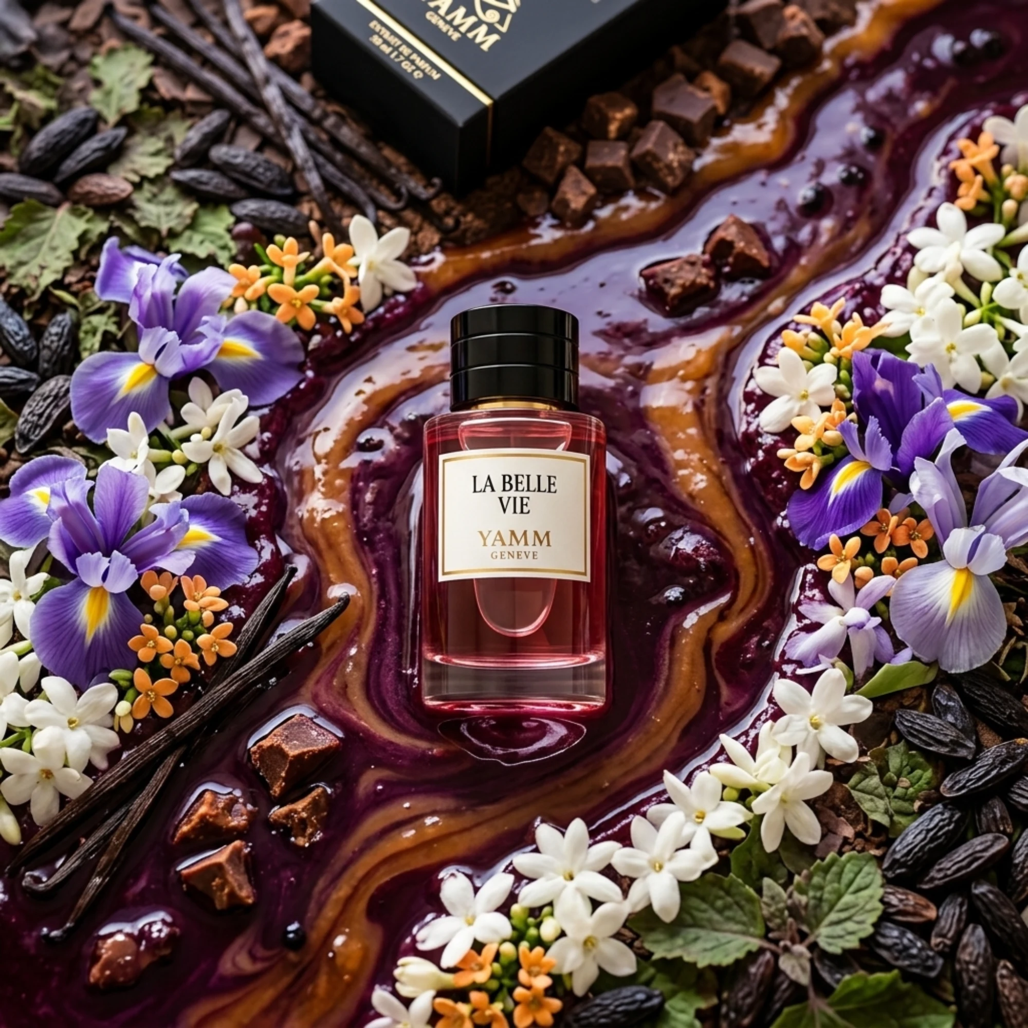 La Belle Vie extrait de parfum femme YAMM Genève inspiré de La Vie Est Belle aux notes de tête Cassis, Poire, cœur Iris, Jasmin, Fleur d’oranger et fond Praliné, Vanille, Patchouli, Fève de tonka visuel 08
