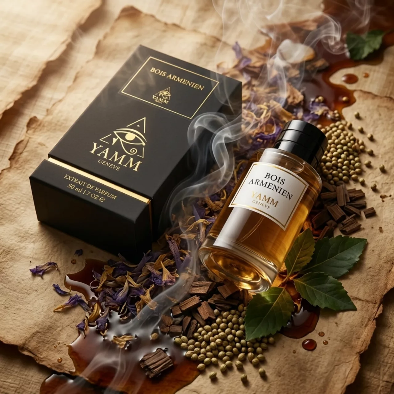 Bois Armenien extrait de parfum mixte YAMM Genève inspiré de Bois d'Arménie aux notes de tête Encens, Iris, Poivre rose, cœur Benjoin, Gaïac, Coriandre et fond Copaïba, Patchouli, Musc blanc visuel 08