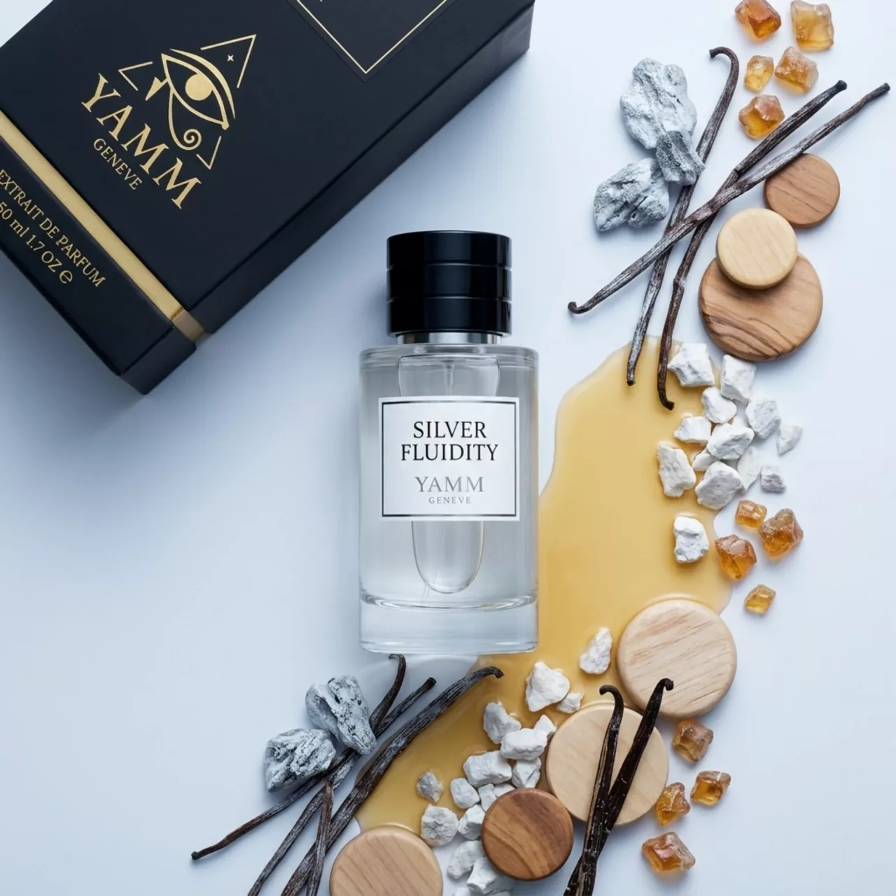 Silver Fluidity extrait de parfum mixte YAMM Genève inspiré de Gentle Fluidity Silver aux notes de tête Baies de genévrier, Noix de muscade, Bergamote, Ananas, cœur Coriandre et fond Musc, Notes boisées, Cèdre, Ambre, Vanille visuel 10