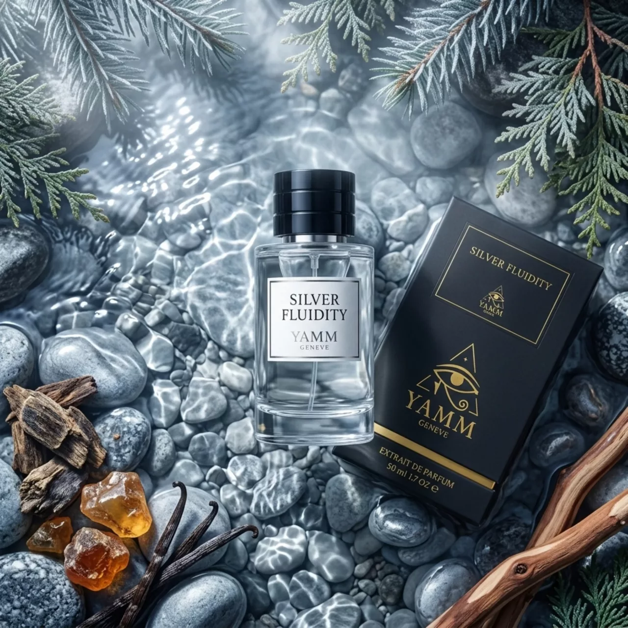 Silver Fluidity extrait de parfum mixte YAMM Genève inspiré de Gentle Fluidity Silver aux notes de tête Baies de genévrier, Noix de muscade, Bergamote, Ananas, cœur Coriandre et fond Musc, Notes boisées, Cèdre, Ambre, Vanille visuel 09