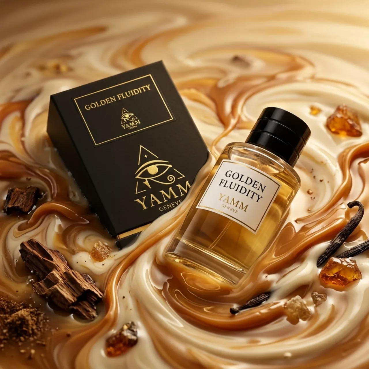 Golden Fluidity extrait de parfum mixte YAMM Genève inspiré de Gentle Fluidity Gold aux notes de tête Baies de genévrier, Noix de muscade, cœur Coriandre et fond Vanille, Musc, Caramel, Amberwood visuel 09