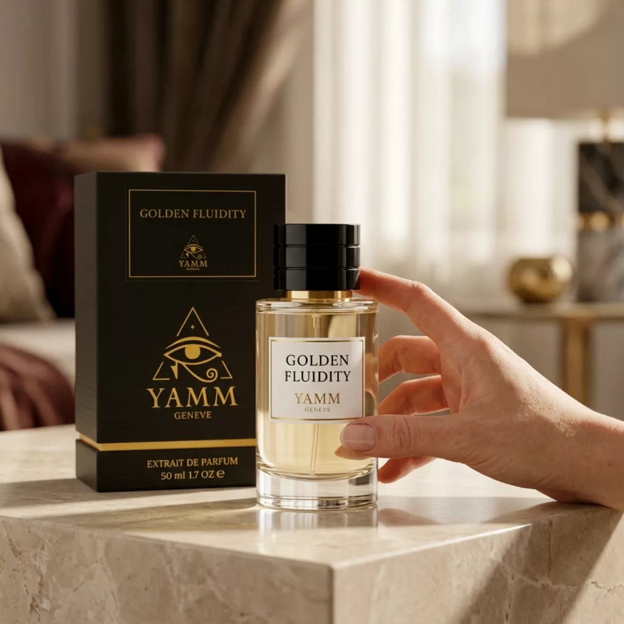Golden Fluidity extrait de parfum mixte YAMM Genève inspiré de Gentle Fluidity Gold aux notes de tête Baies de genévrier, Noix de muscade, cœur Coriandre et fond Vanille, Musc, Caramel, Amberwood visuel 04