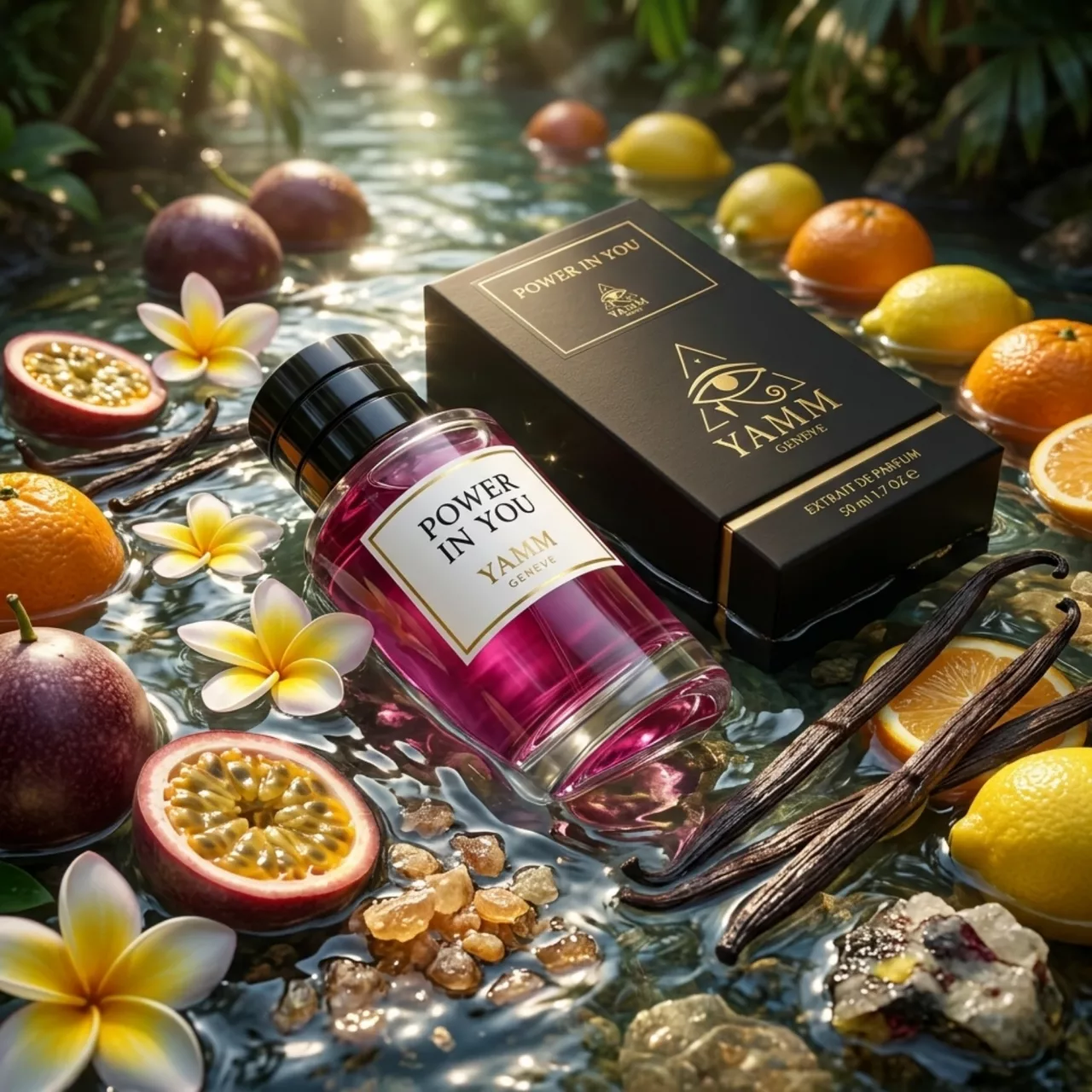 Power In You extrait de parfum femme YAMM Genève inspiré de Power of You aux notes de tête Fruit de la passion, Bigarade, Citron, cœur Frangipanier, Notes solaires et fond Vanille de Madagascar, Benjoin, Ciste visuel 08