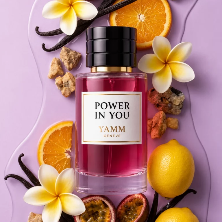 Power In You extrait de parfum femme YAMM Genève inspiré de Power of You aux notes de tête Fruit de la passion, Bigarade, Citron, cœur Frangipanier, Notes solaires et fond Vanille de Madagascar, Benjoin, Ciste visuel 01