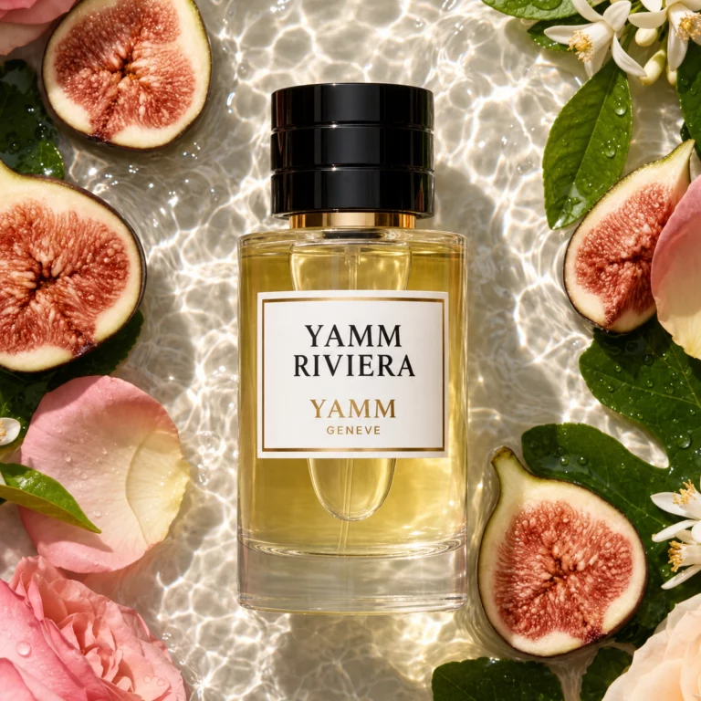 Flacon YAMM Riviera — illustration de la famille olfactive Verte · Maison YAMM Genève