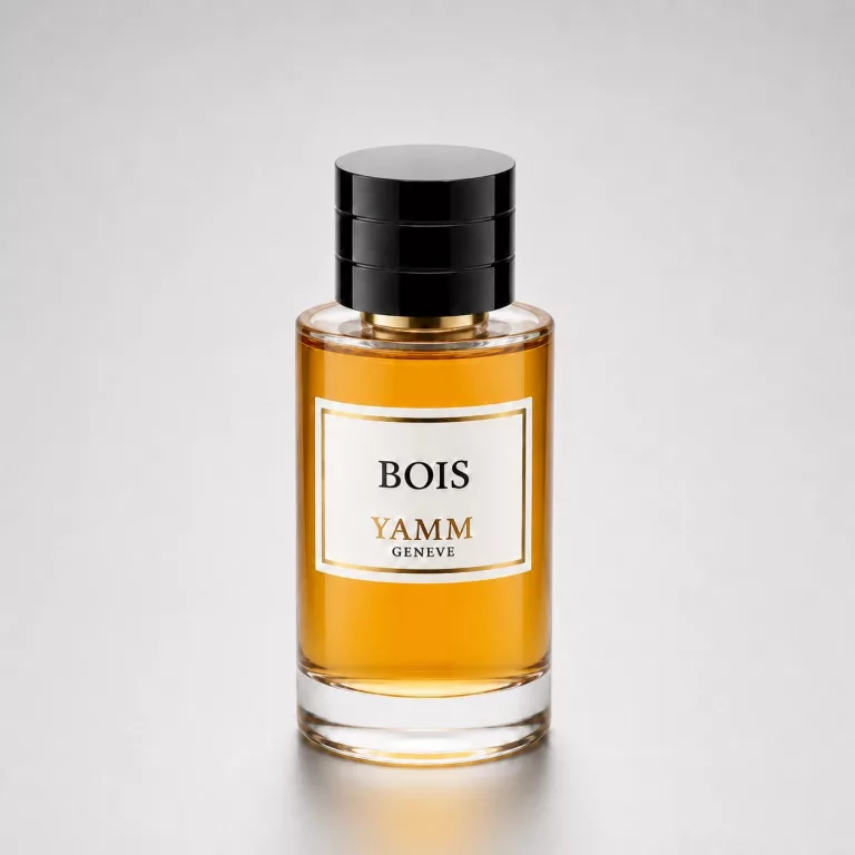 Flacon Bois — illustration de la famille olfactive Boisée · Maison YAMM Genève