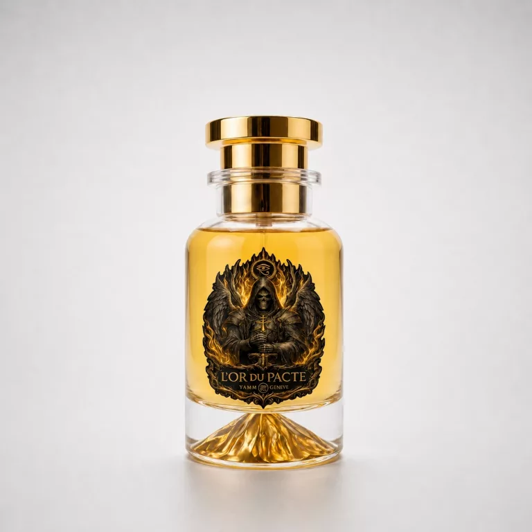 L’Or du Pacte extrait de parfum mixte Créations YAMM Genève aux notes de tête Oud, Violette, Cyprès, cœur Framboise, Muguet et fond Cuir, Vanille, Ambre, Musc visuel 01