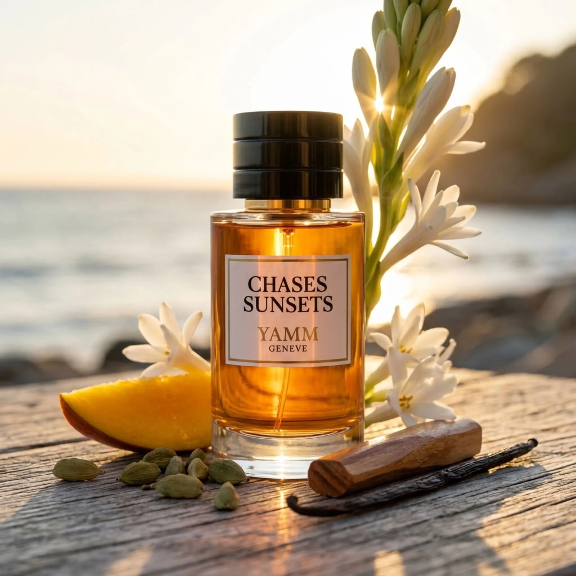 Chases Sunsets extrait de parfum mixte YAMM Genève inspiré de Chasing Sunsets aux notes de tête Mangue, Cardamome du Guatemala, cœur Tubéreuse, Notes solaires et fond Bois de santal, Vanille visuel 05