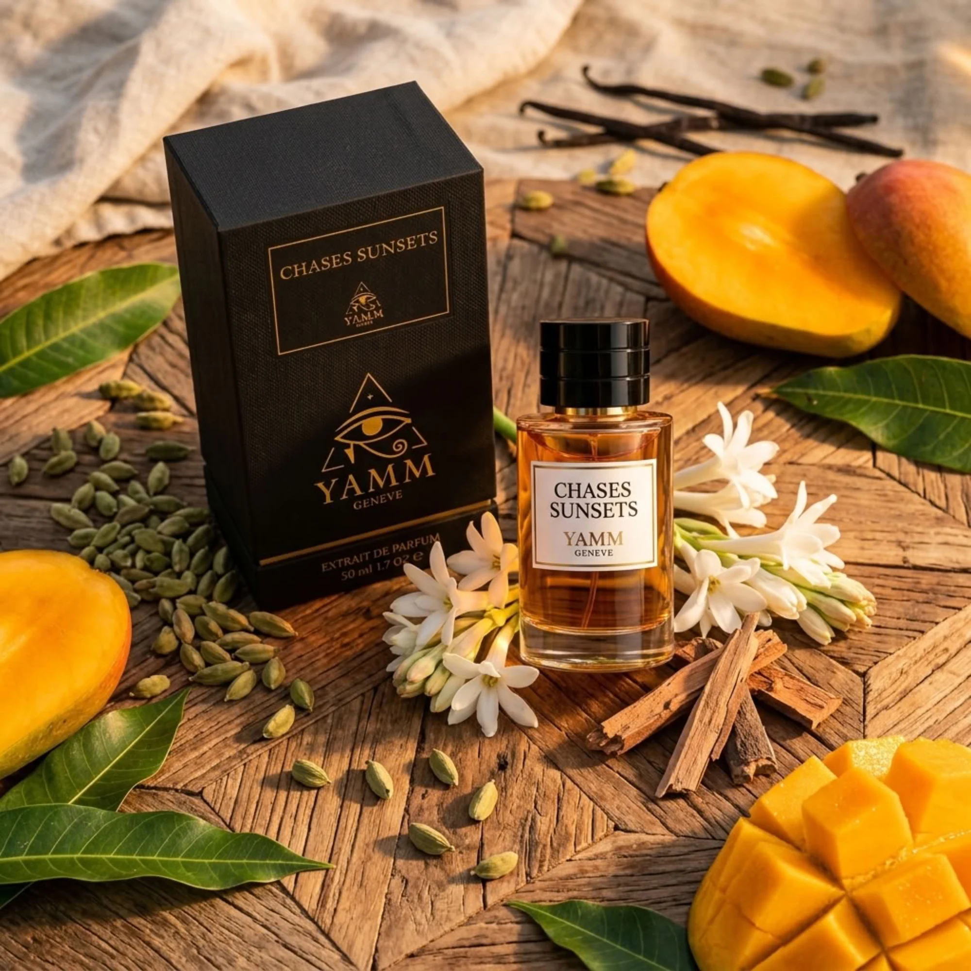 Chases Sunsets extrait de parfum mixte YAMM Genève inspiré de Chasing Sunsets aux notes de tête Mangue, Cardamome du Guatemala, cœur Tubéreuse, Notes solaires et fond Bois de santal, Vanille visuel 06