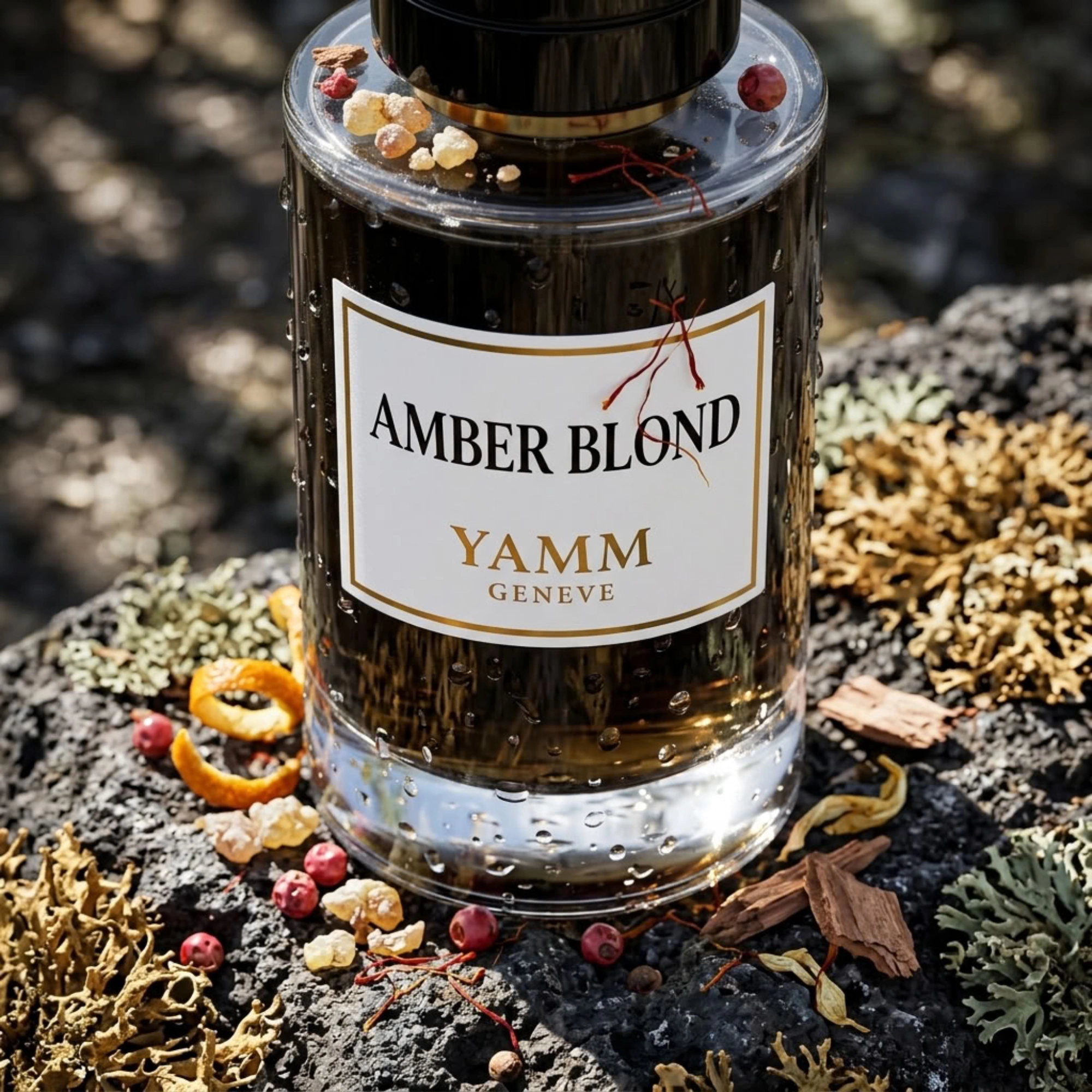 Amber Blond extrait de parfum mixte YAMM Genève inspiré de Blonde amber aux notes de tête rhum, oliban, orange amère, cardamome, poivre rose, gingembre, bergamote, pamplemousse, cœur fruits secs, tabac blanc, bois de santal, safran, tubéreuse, osmanthus, jasmin, iris et fond fève tonka, vanille, myrrhe, labdanum, patchouli, cèdre, musc, vétiver visuel 03
