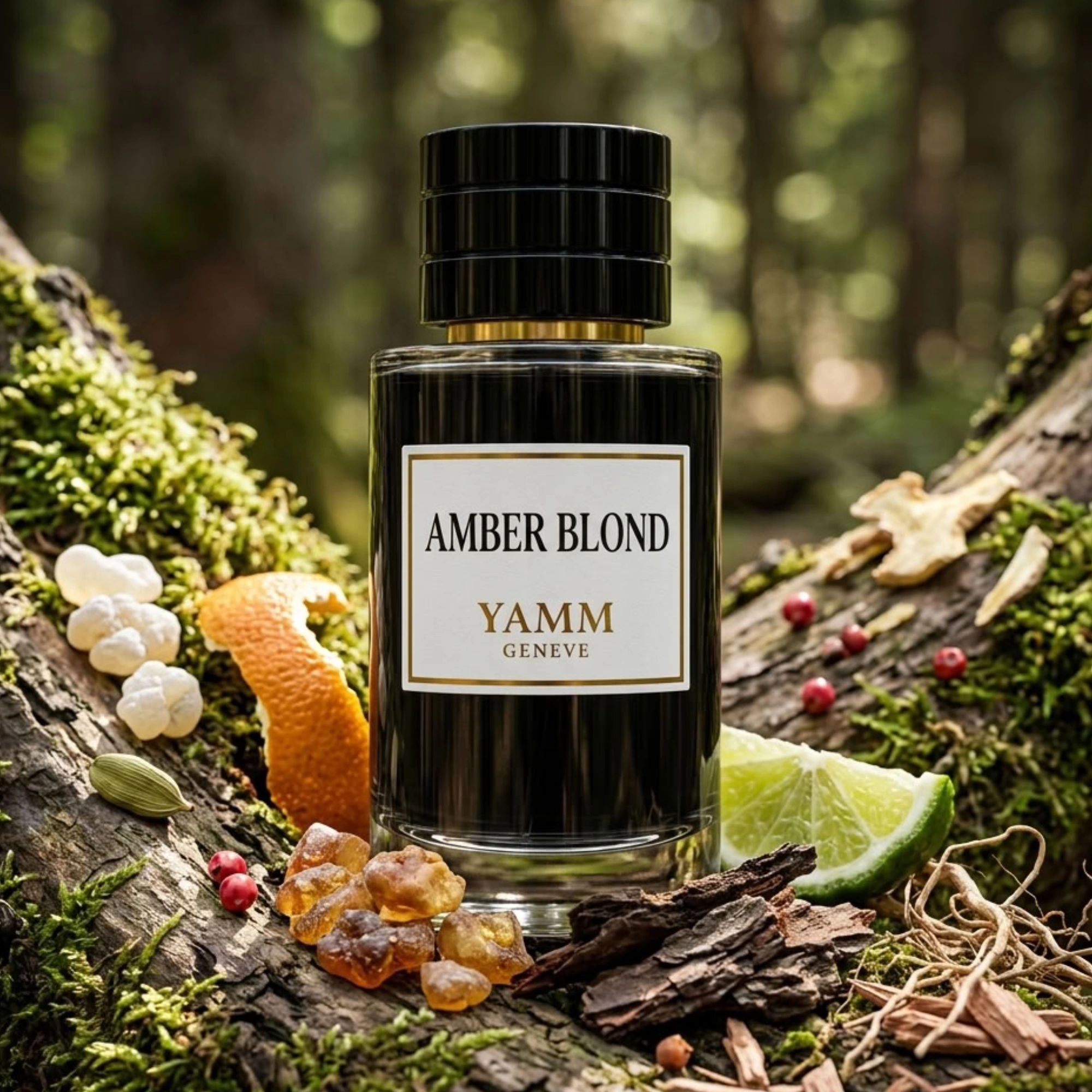 Amber Blond extrait de parfum mixte YAMM Genève inspiré de Blonde amber aux notes de tête rhum, oliban, orange amère, cardamome, poivre rose, gingembre, bergamote, pamplemousse, cœur fruits secs, tabac blanc, bois de santal, safran, tubéreuse, osmanthus, jasmin, iris et fond fève tonka, vanille, myrrhe, labdanum, patchouli, cèdre, musc, vétiver visuel 01