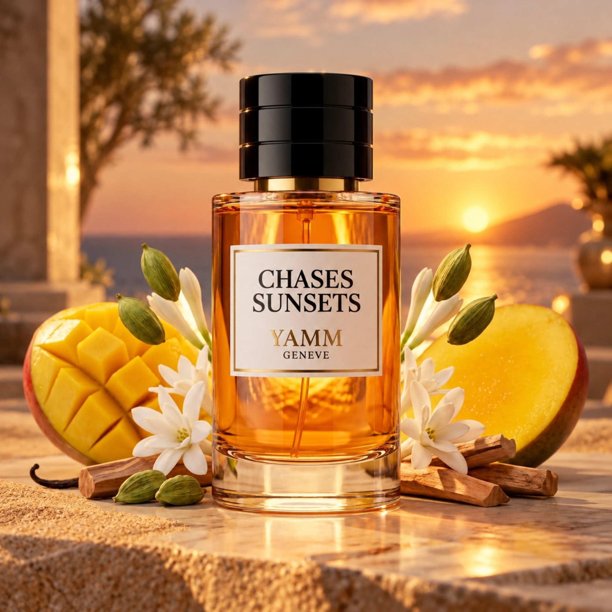 Chases Sunsets extrait de parfum mixte YAMM Genève inspiré de Chasing Sunsets aux notes de tête Mangue, Cardamome du Guatemala, cœur Tubéreuse, Notes solaires et fond Bois de santal, Vanille visuel 01