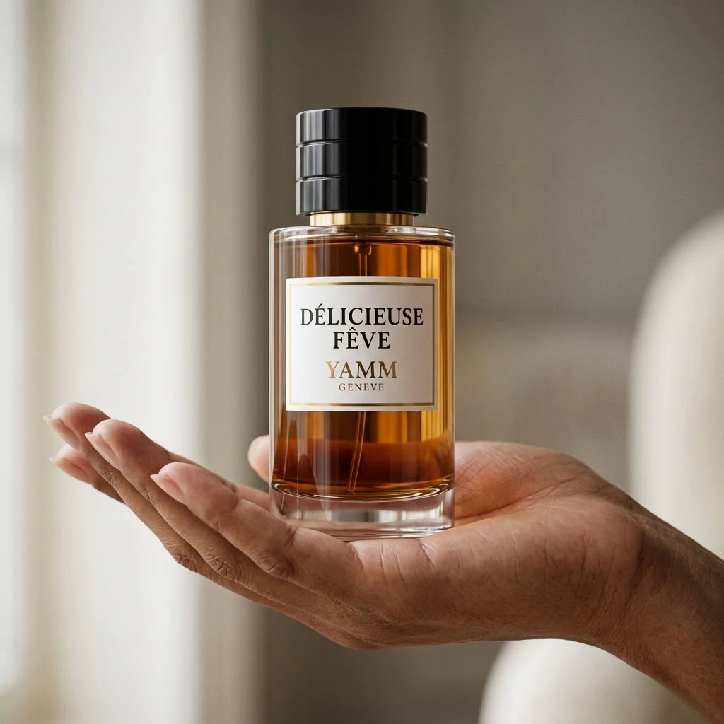 Délicieuse Fêve extrait de parfum mixte YAMM Genève inspiré de Fève Délicieuse (2018) aux notes de tête Lavande, Menthe, Bergamote de Calabre, cœur Cerise, Freesia, Jasmin et fond Fève de tonka, Vanille de Madagascar, Caramel, Chocolat noir, Benjoin, Cuir, Bois de santal, Noix de coco, Cèdre visuel 04