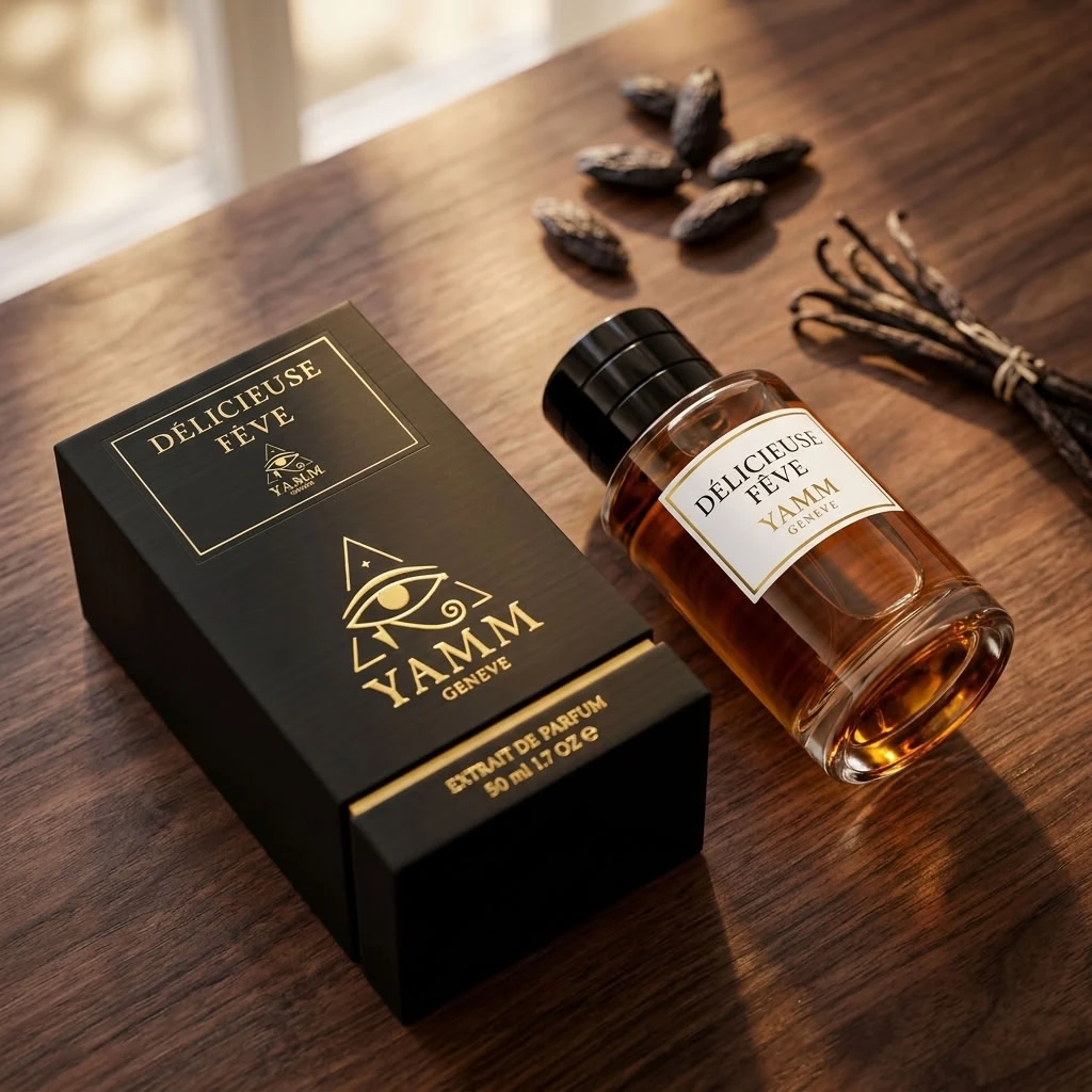 Délicieuse Fêve extrait de parfum mixte YAMM Genève inspiré de Fève Délicieuse (2018) aux notes de tête Lavande, Menthe, Bergamote de Calabre, cœur Cerise, Freesia, Jasmin et fond Fève de tonka, Vanille de Madagascar, Caramel, Chocolat noir, Benjoin, Cuir, Bois de santal, Noix de coco, Cèdre visuel 05