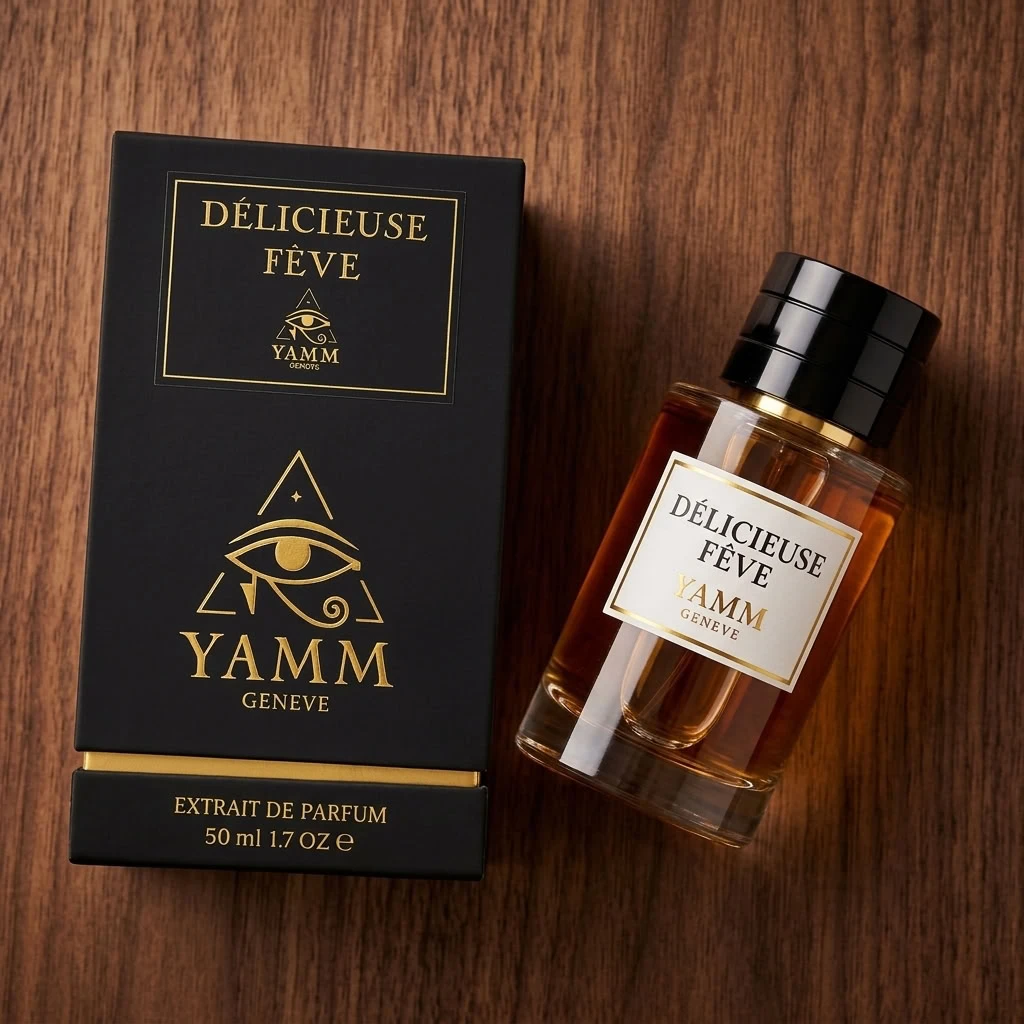 Délicieuse Fêve extrait de parfum mixte YAMM Genève inspiré de Fève Délicieuse (2018) aux notes de tête Lavande, Menthe, Bergamote de Calabre, cœur Cerise, Freesia, Jasmin et fond Fève de tonka, Vanille de Madagascar, Caramel, Chocolat noir, Benjoin, Cuir, Bois de santal, Noix de coco, Cèdre visuel 03