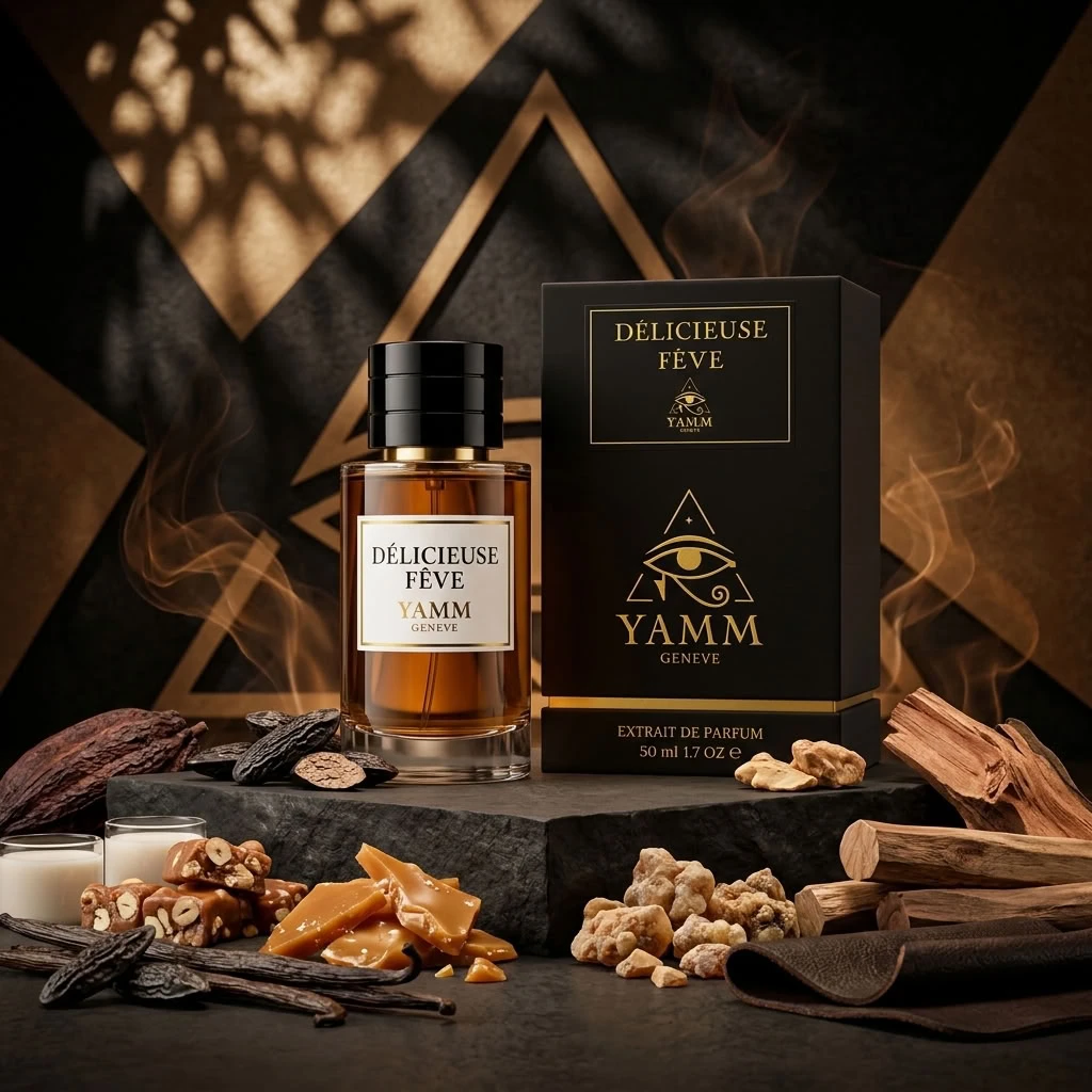 Délicieuse Fêve extrait de parfum mixte YAMM Genève inspiré de Fève Délicieuse (2018) aux notes de tête Lavande, Menthe, Bergamote de Calabre, cœur Cerise, Freesia, Jasmin et fond Fève de tonka, Vanille de Madagascar, Caramel, Chocolat noir, Benjoin, Cuir, Bois de santal, Noix de coco, Cèdre visuel 06