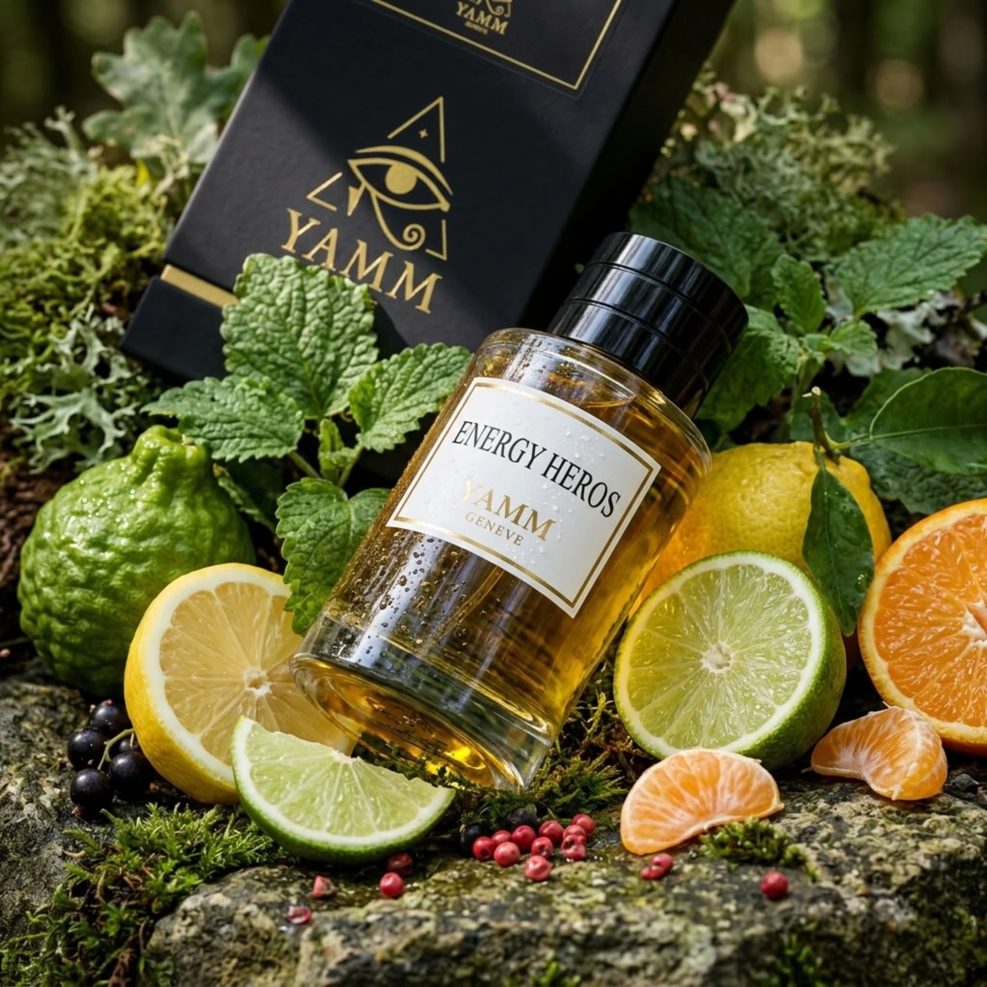 Energy Heros extrait de parfum mixte YAMM Genève inspiré de Eros Energy Versace aux notes de tête citron, citron vert, pamplemousse, orange sanguine, bergamote de Sicile, mandarine, cœur poivre rose, ambre blanc, cassis et fond musc, mousse de chêne, patchouli visuel 05