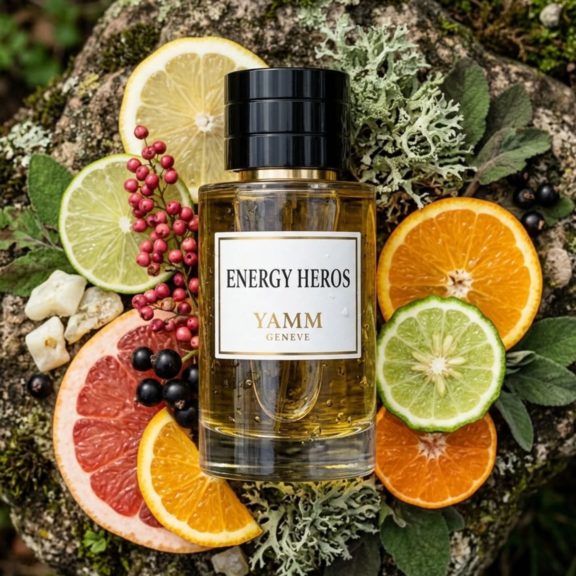 Energy Heros extrait de parfum mixte YAMM Genève inspiré de Eros Energy Versace aux notes de tête citron, citron vert, pamplemousse, orange sanguine, bergamote de Sicile, mandarine, cœur poivre rose, ambre blanc, cassis et fond musc, mousse de chêne, patchouli visuel 01