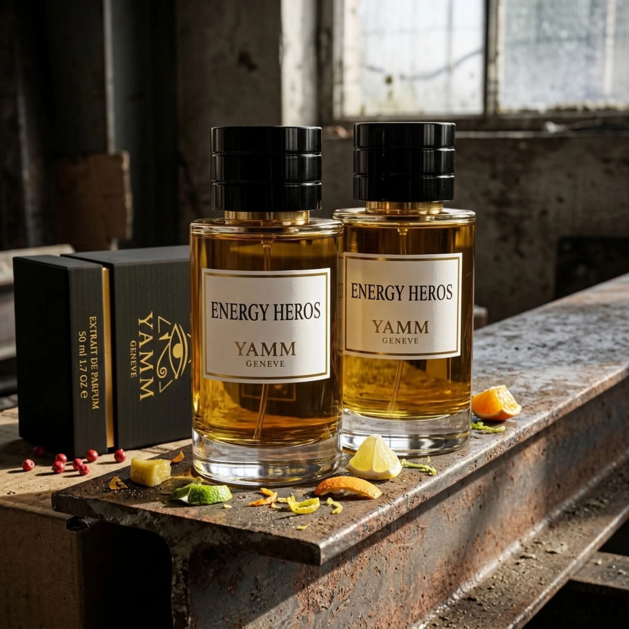 Energy Heros extrait de parfum mixte YAMM Genève inspiré de Eros Energy Versace aux notes de tête citron, citron vert, pamplemousse, orange sanguine, bergamote de Sicile, mandarine, cœur poivre rose, ambre blanc, cassis et fond musc, mousse de chêne, patchouli visuel 06
