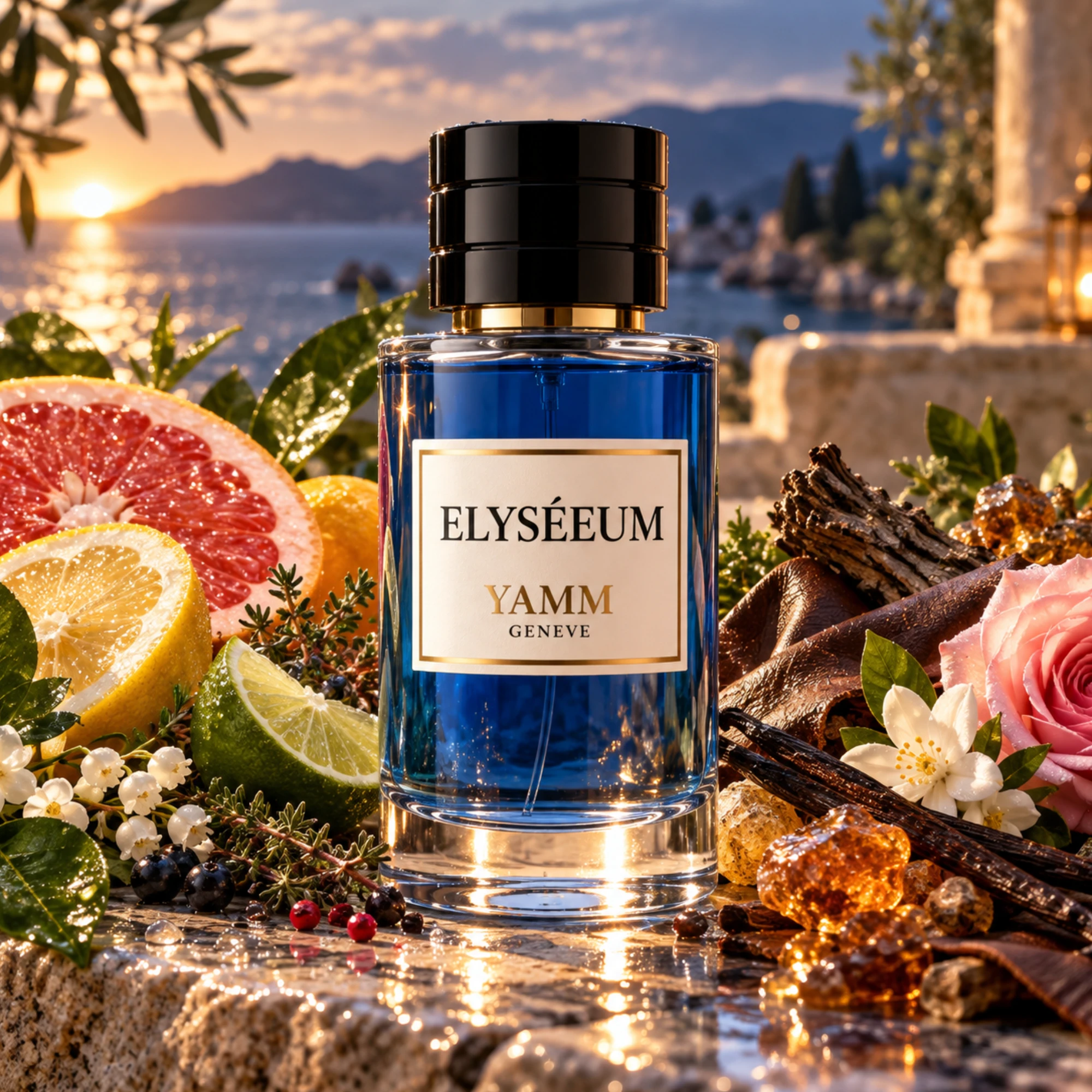 Elyséeum extrait de parfum homme YAMM Genève inspiré de Elysium Pour Homme Parfum Cologne Roja Dove aux notes de tête Pamplemousse, Citron, Bergamote, Citron vert, Thym, Armoise, Férule gommeuse, cœur Vétiver, Baies de genévrier, Cassis, Pomme, Cèdre, Poivre rose, Huile essentielle de cypriol, Muguet, Jasmin, Rose et fond Ambre gris, Cuir, Vanille, Benjoin, Ciste visuel 01